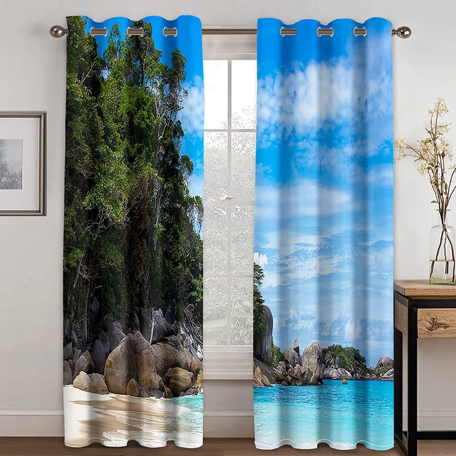 2 zasłony do pokoju dziecięcego, nieprzejrzyste, 2 x 102 x 160 cm (dł. x szer. x wys.), zestaw zasłon na przelotkach, na plażę palmową i niebo, krajobraz, niebieski, brązowy, zielony, zasłony do