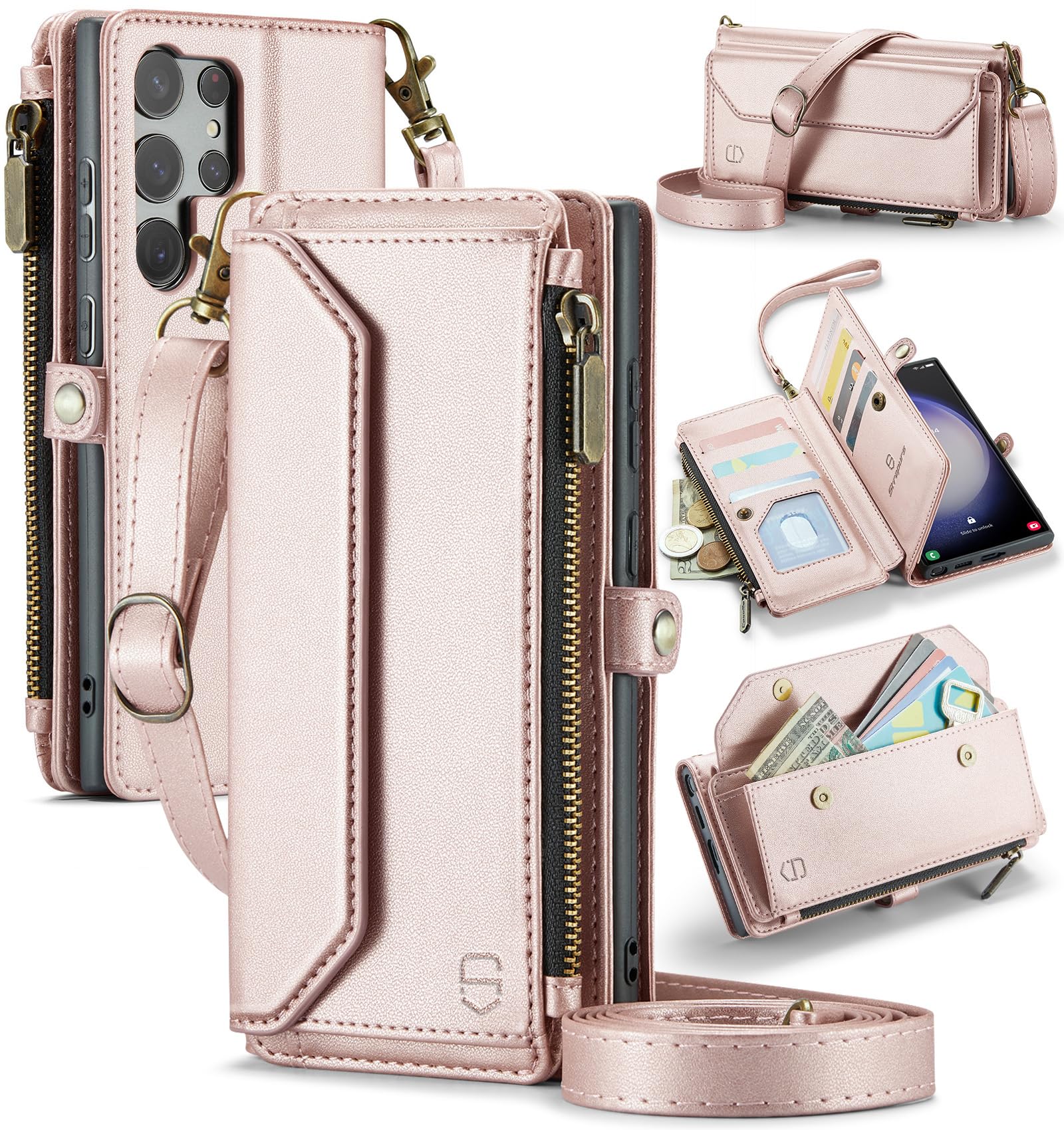 Strapurs Crossbody Wallet Case Compatible with Samsung Galaxy S23 Ultra 5G RFID Blocking 10-Card Holder Soft PU Leather Magnetic Snap Strap Zipper