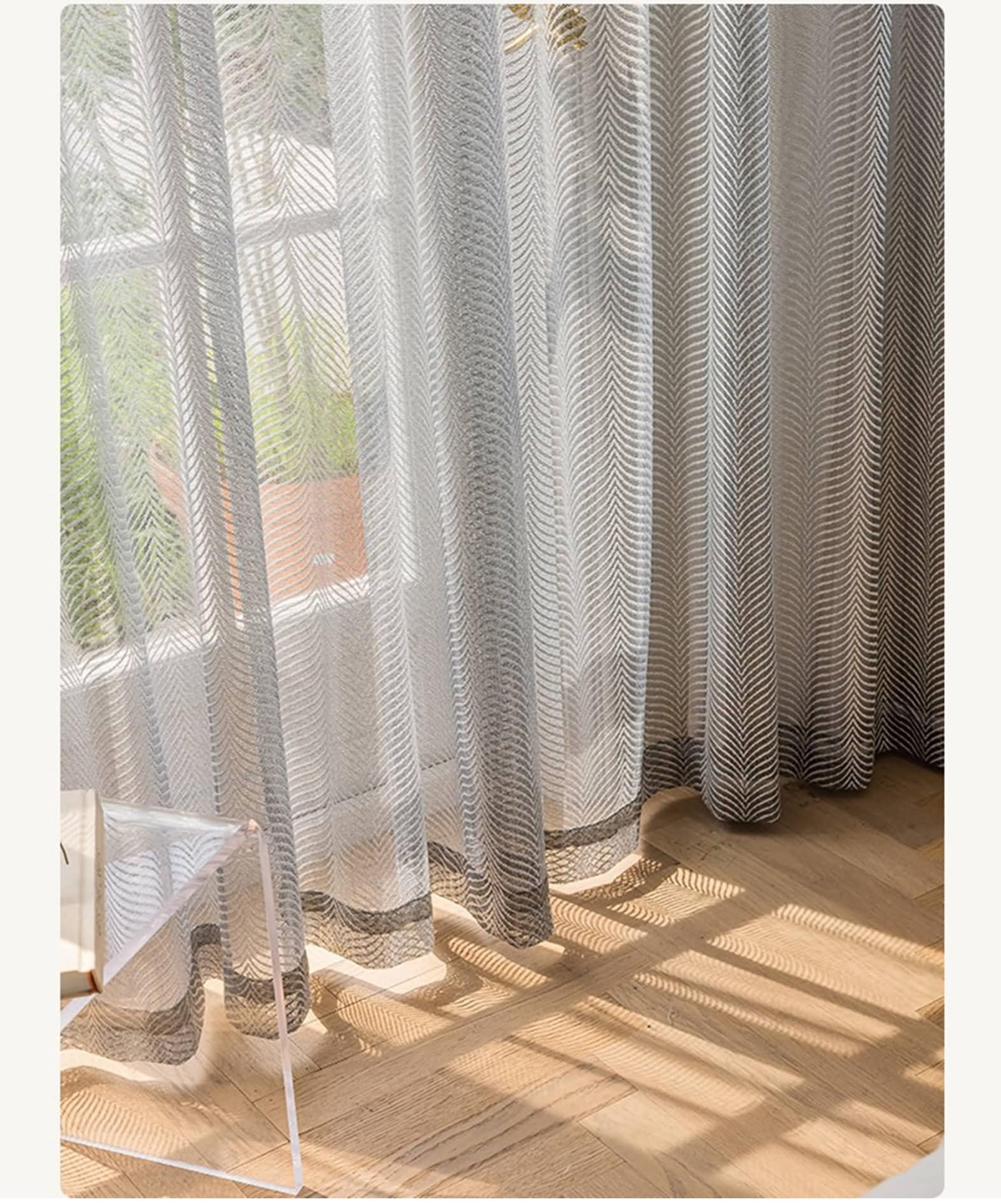 Rideaux Voilage 86x183, Rideau Fenêtres Salon Polyester Fil Noir Texturé à Chevrons, Oeillet, Lot de 2