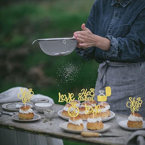 Miniatura 7 de 30 piezas de adornos para cupcakes con texto en inglés He Asked She Said Yes  Love I Do  Anillo de diamantes para bodas y despedidas de soltera,
