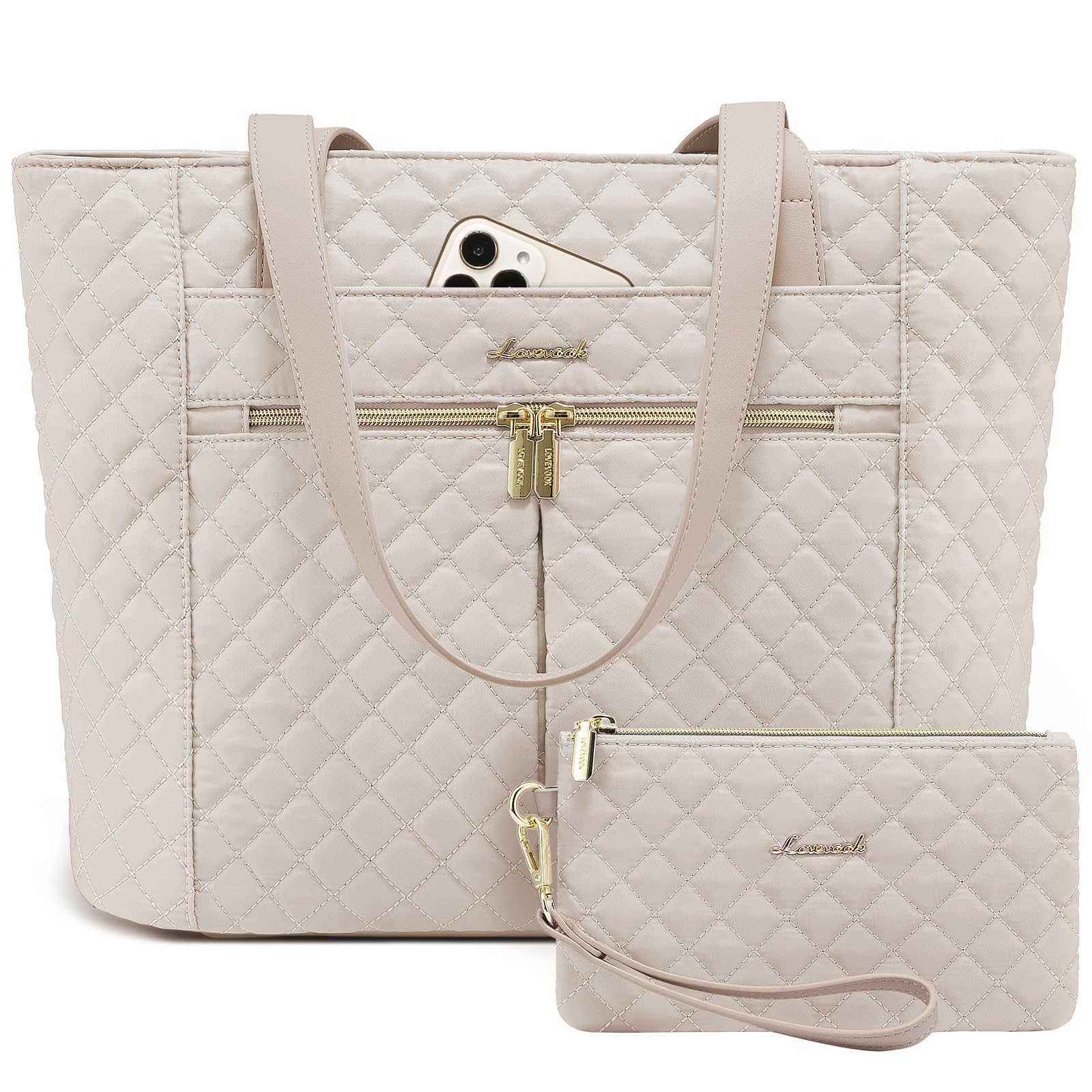 LOVEVOOK Laptop Bag for Women 17 inch,Diamond Quilted Work Tote Bags Womens Laptop Tote Bag Computer Shoulder Bags,Stylish Travel Tote Bags Laptop Purse Briefcase Handbag with Clutch Purse,Off-white