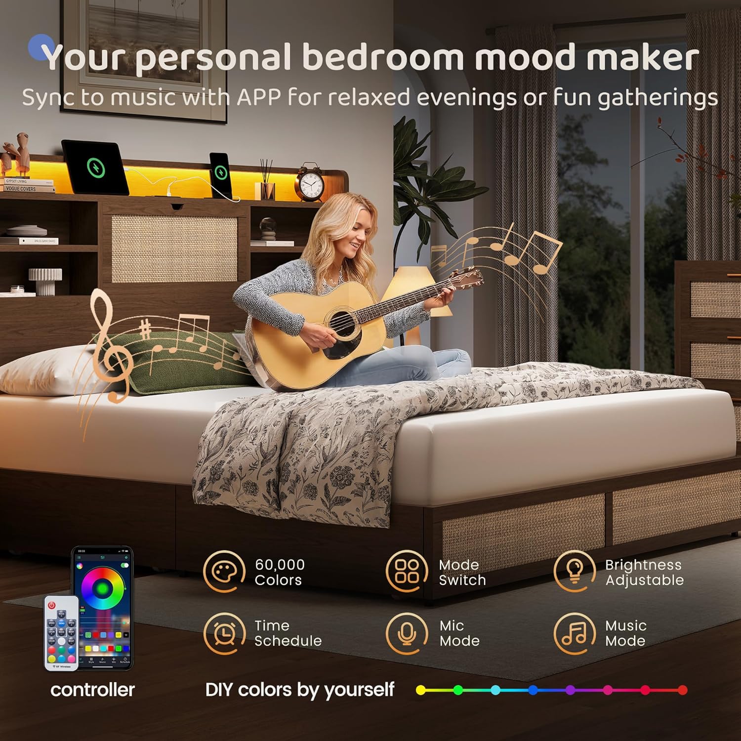 Queen Size Rattan Bed Frame with 4 Storage Drawers and Hidden Storage Headboard Wooden Platform Bed Frame with LED Lights and Charging Station, No Box Spring Needed, Easy Assembly, Brown