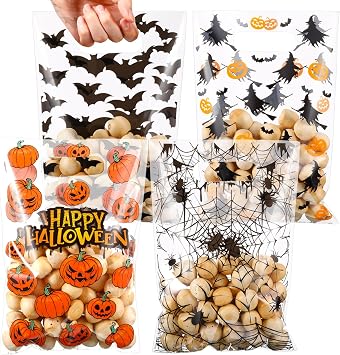 Bulyoou 100 Pcs Halloween Treat Bags with Handles, Reusable Plastic Bags