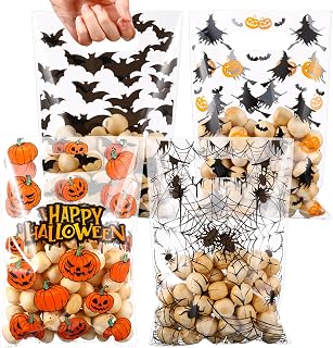 100 Pcs Halloween Goodie Bags Pumpkin Clear Candy Bags with Handles Black Bat Plastic Pouch Halloween Treat Favor Goodie Pouch for Scary Holiday Party Gift Wrapping Supplies Decor(Clear)