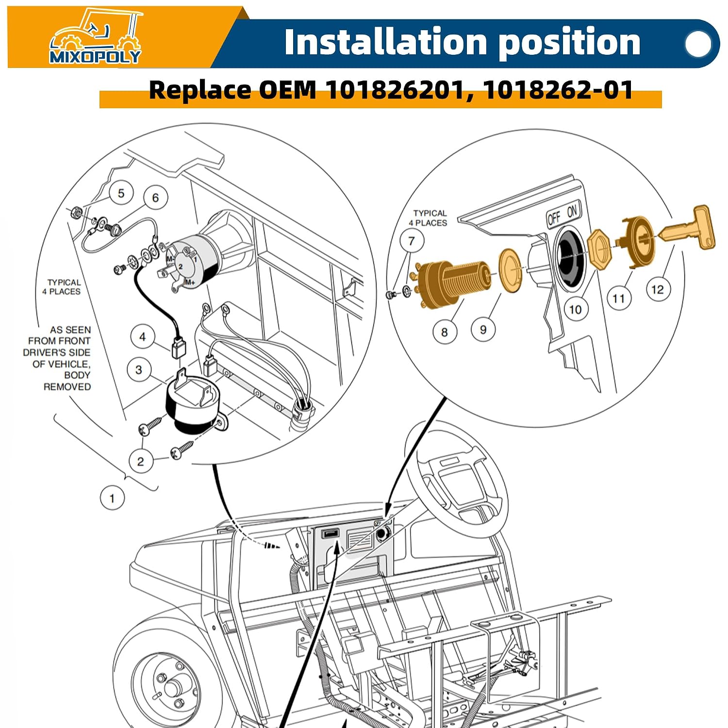 Ignition Key Switch for Club Car DS Electric Golf Cart 1996-Up, 2 Terminals Stater Switch Replace OEM 101826201, 1018262-01
