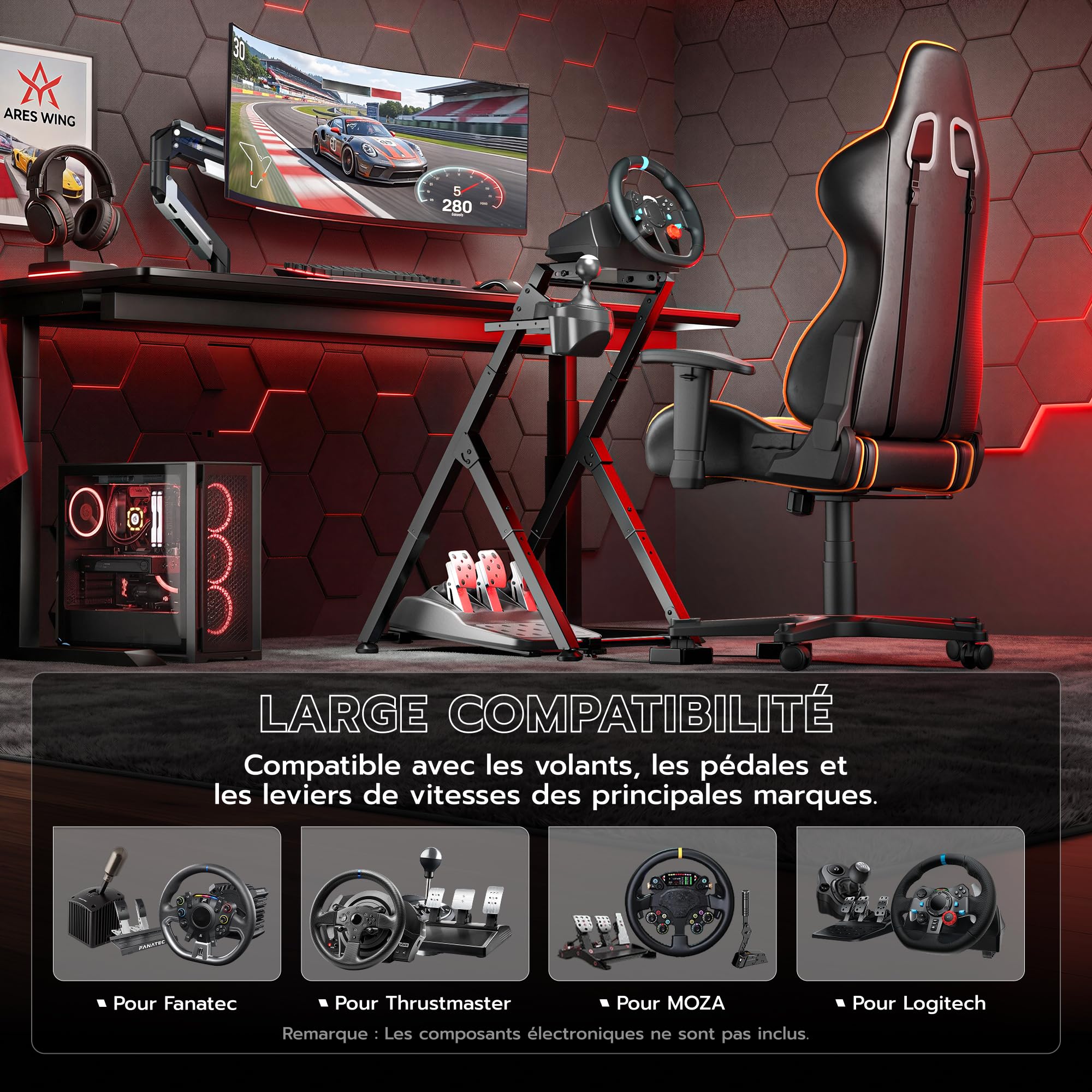 ARES WING Soporte plegable para volante Sim Racing con ranura para asiento | COMPATIBILIDAD AMPLIA: Compatible con Logitech G29, G920, G923, Fanatec, Thrustmaster, Moza y Simagic