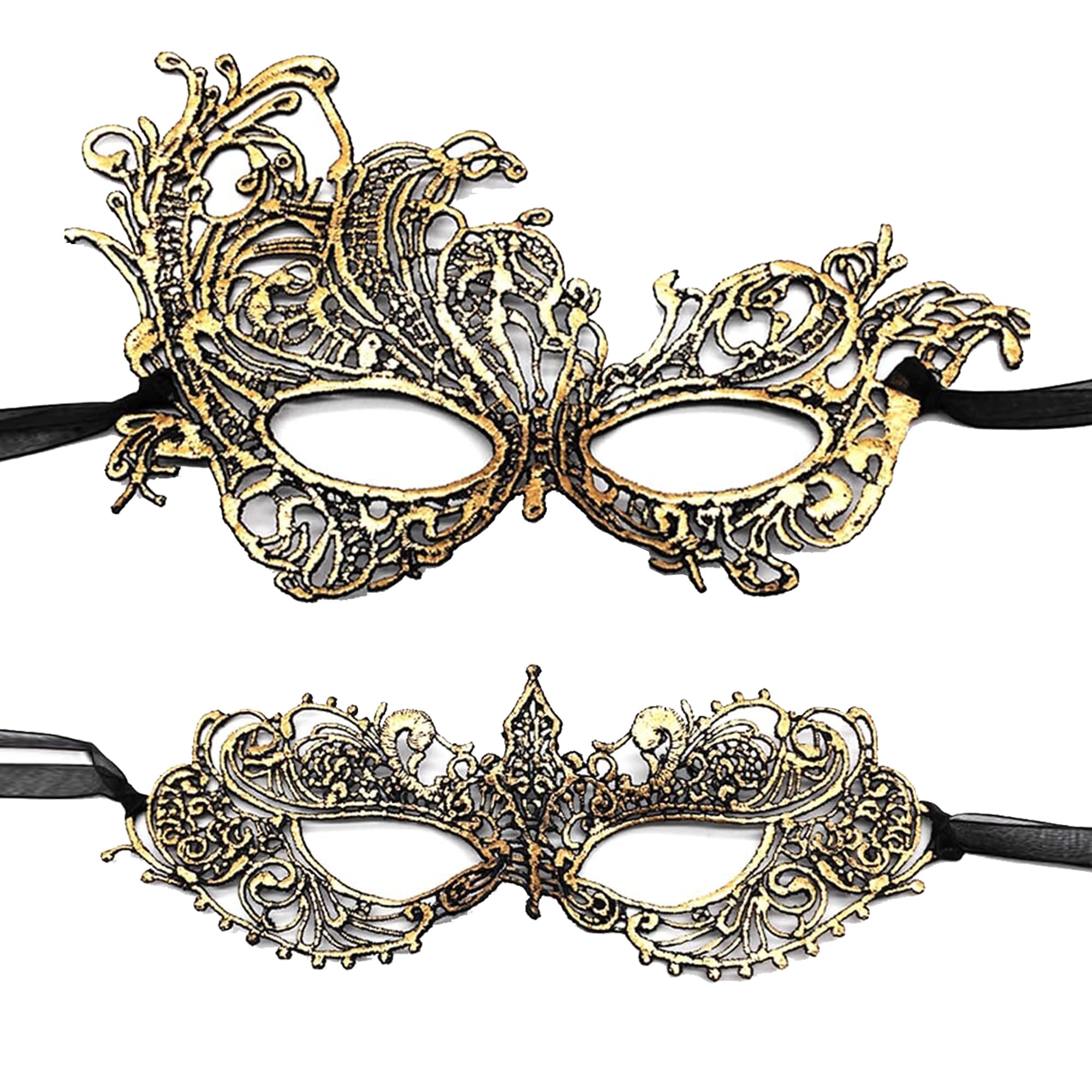 HeHeGe 2 Pieces Masquerade Mask for Women BlackγGold Lace Mask for Masquerade Ball, Halloween Party (GOLD)