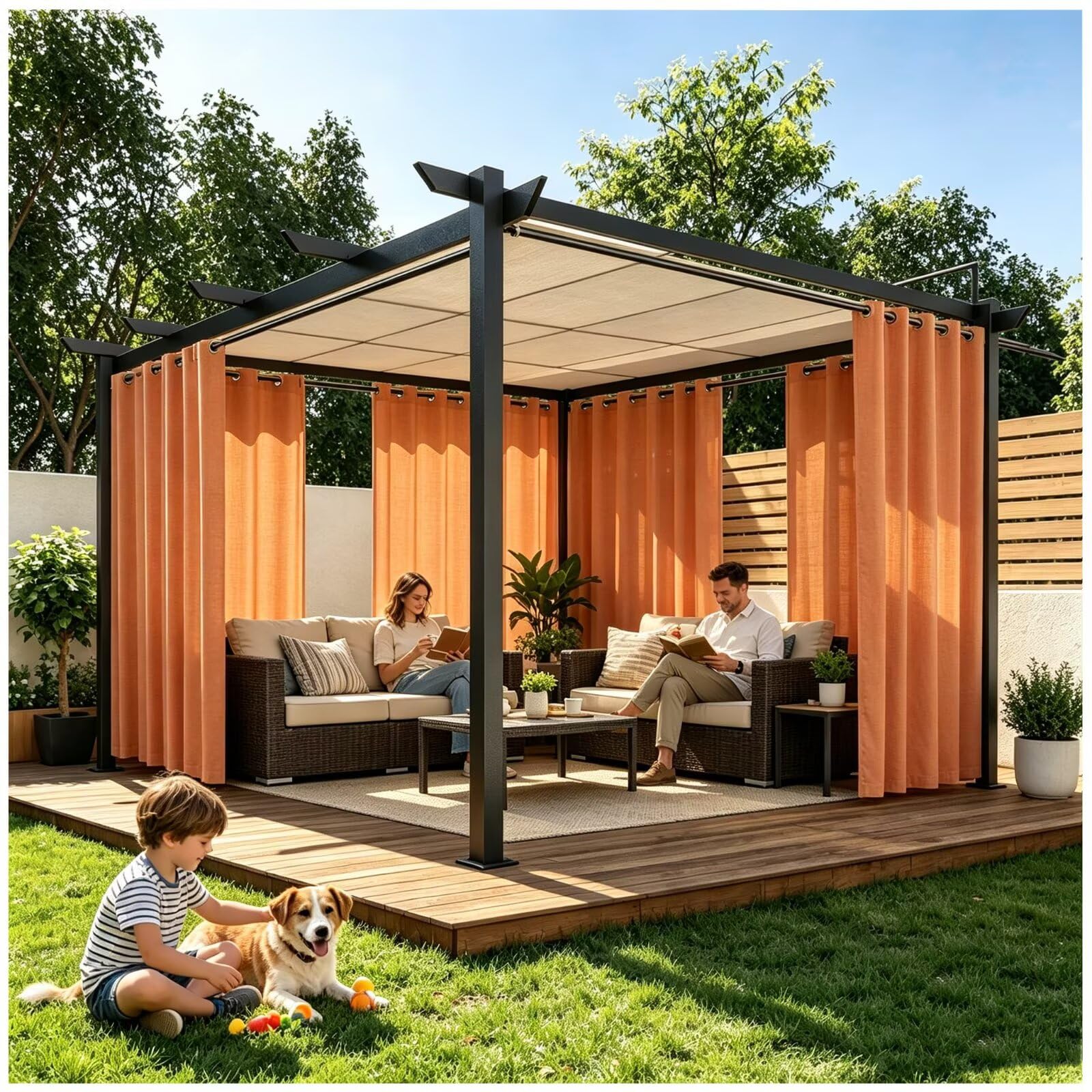 Rideaux pour balcon extérieur imperméables 2 panneaux H213 x L355cm orange