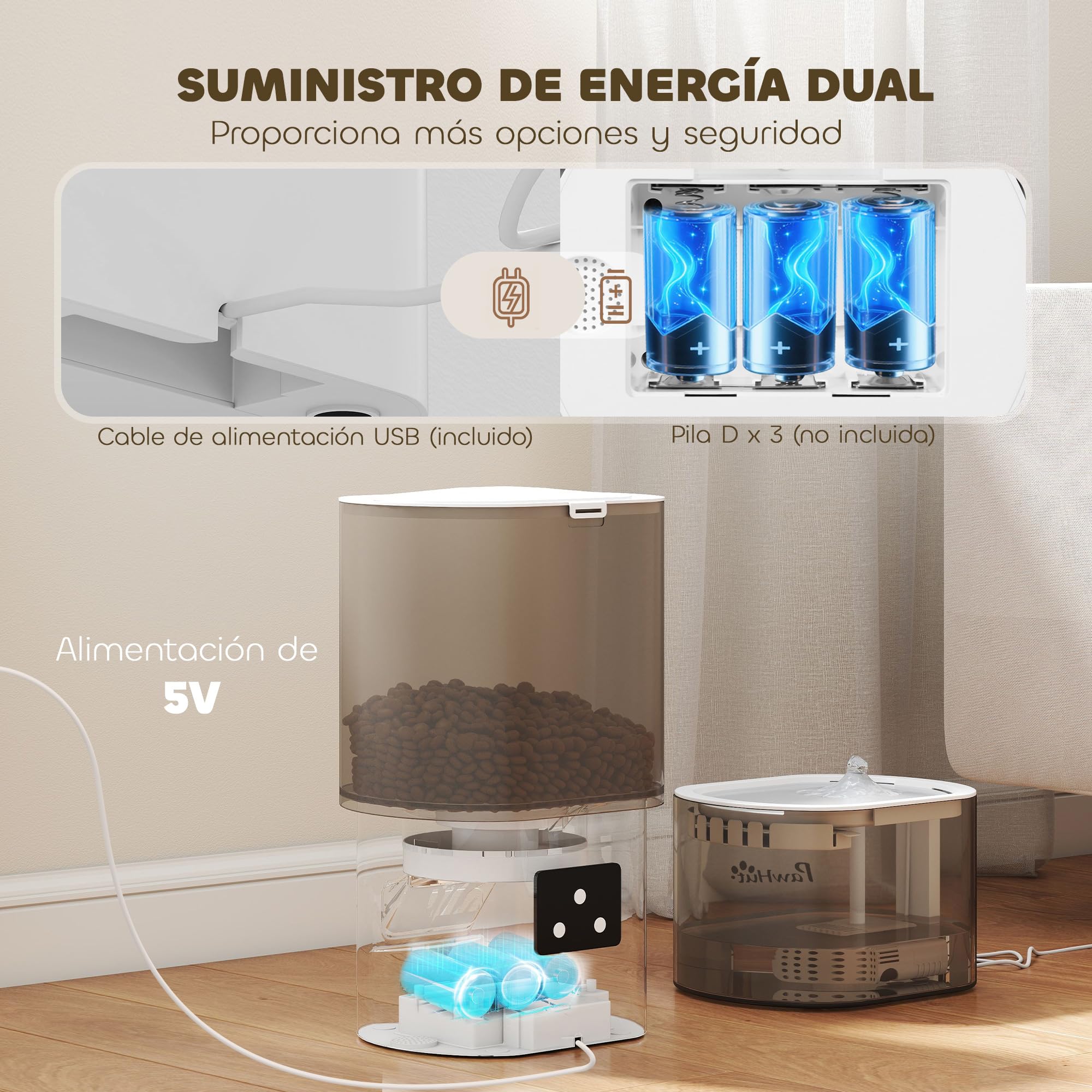PawHut Comedero Gato Automático Dispensador Comida Gatos Perros de 3L con Control de App 1-10 Comidas al Día Filtros y Luz LED Juego de Comedero y Bebedero Automático Silencioso con Cable USB o Pilas