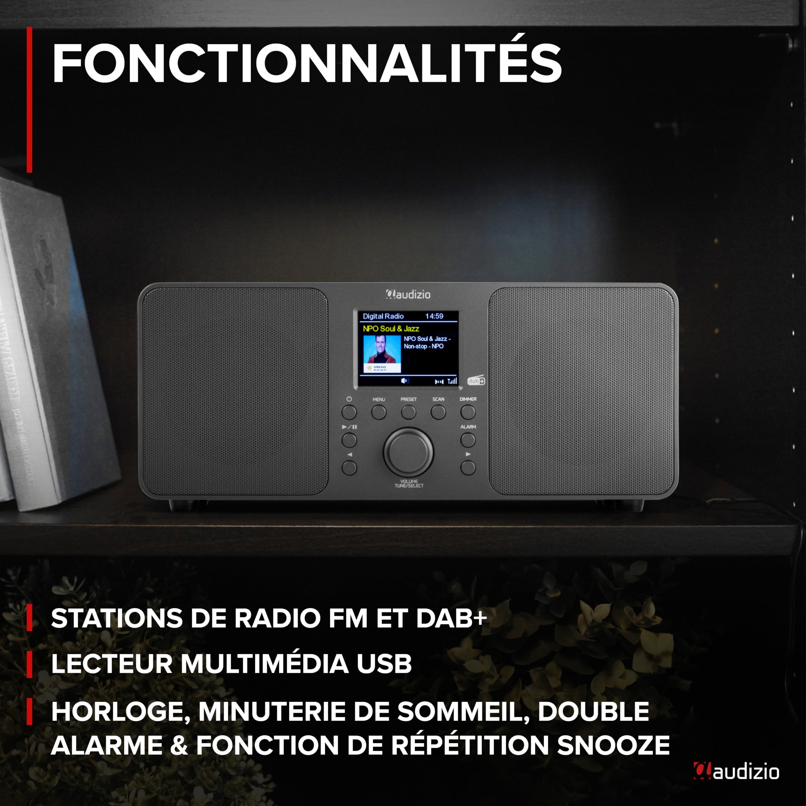 Audizio Genua Radio DAB+ Bluetooth 5.0 Gris Foncé Écran Couleur 2,8" Deux Haut-Parleurs Sortie Casque Port USB Télécommande