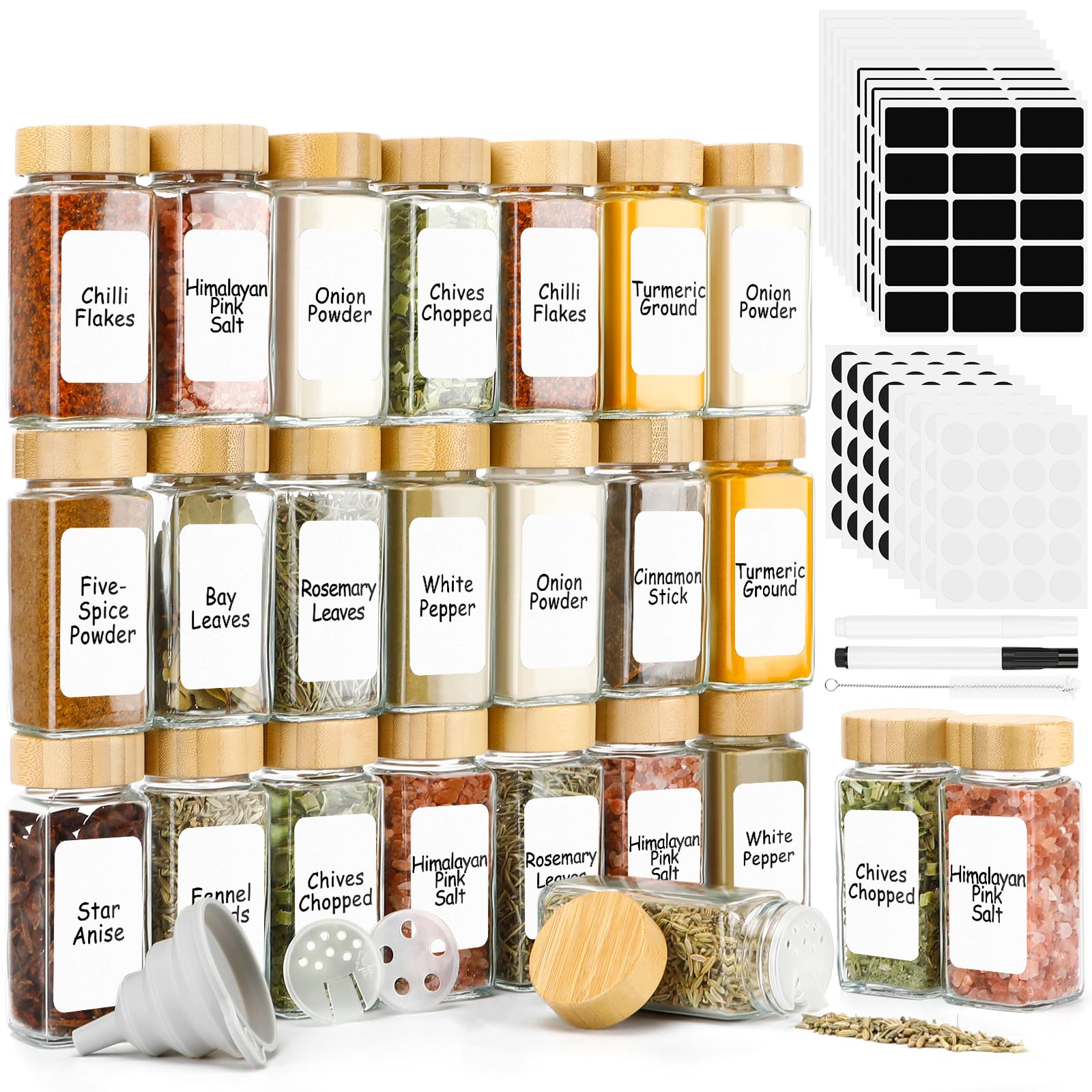 Set 24 Barattoli Per Spezie Rettangolari In Vetro Con Coperchio Bambù - 120 Ml, Con Etichette Adesive In 4 Lingue E Inserti Dosatori