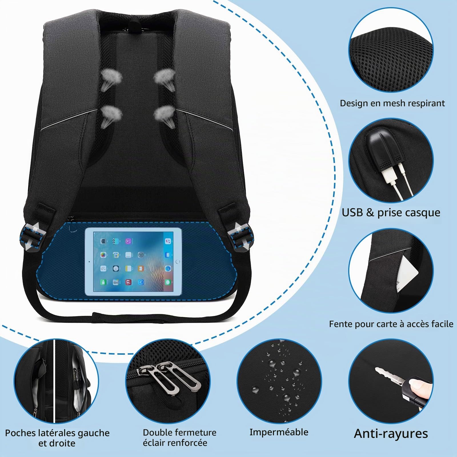 Antivol Sac à dos portable 15,6 pouces imperméable avec charge USB Sac de voyage pour affaires, étudiants, homme, femme, noir