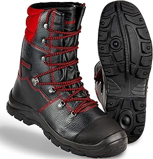Safetytex Forst-Schnürstiefel - Forststiefel Sägeschutzklasse 1 - Kettensägen Schnittschutzstiefel - Waldarbeiterstiefel Schwarz/Rot - Leder Forst Schnürstiefel - Größe 43