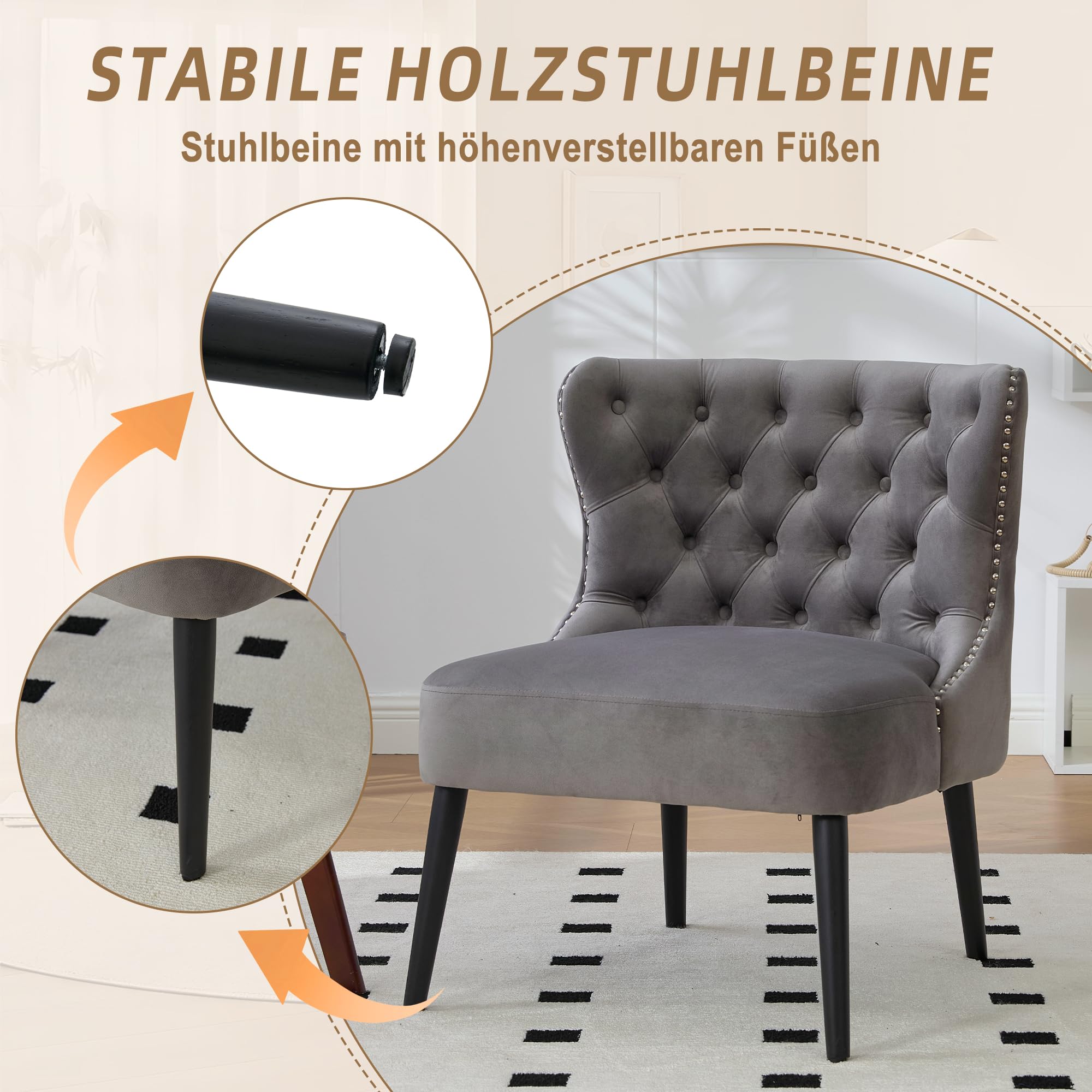 Silla de sofá con tira de botones de terciopelo y tamaño de puntos, diseño moderno sin brazo con remaches y patas de madera maciza para sala de estar, dormitorio.