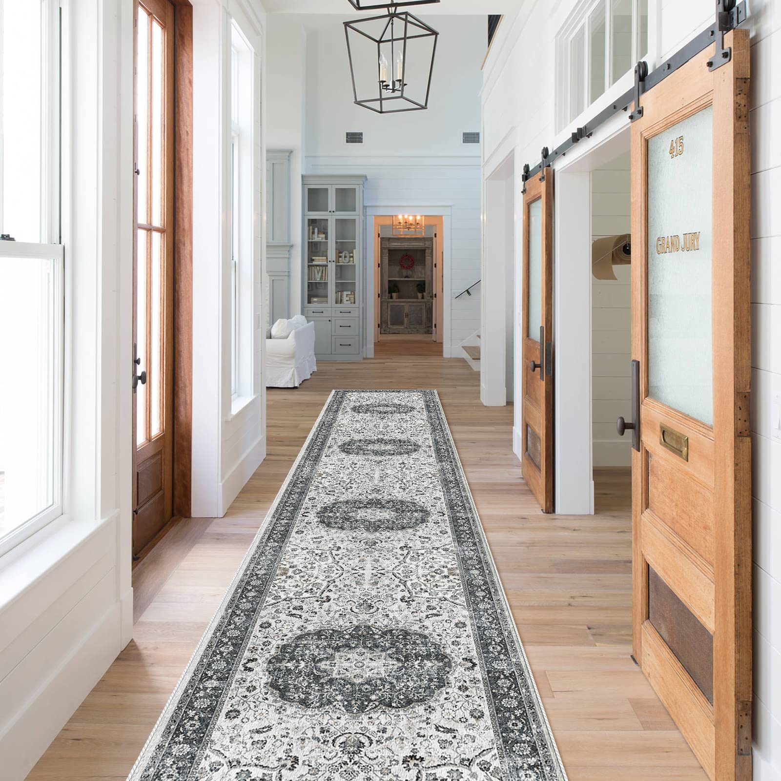 Hallway Washable Runner Rug - 2x10 Kitchen Rugs Entryway Rug Runner Vintage Soft Floor Mat Non Slip Indoor Farmhouse Carpet for Bathroom Living Room Bedroom (2 X 10, Grey) 2' x 10' (Rectangular) Grey