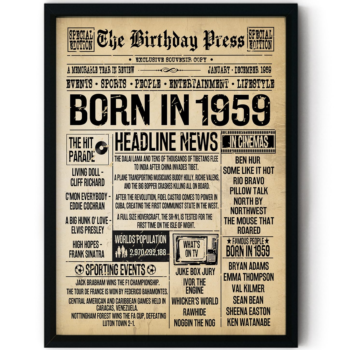 Stuff4 Women's 1959 67Th Birthday Poster Framed - Born In Vintage Newspaper - Happy 67Th Birthday Gifts For Men Retro Back In 8X10 Inch Decor Decoration Bday Party
