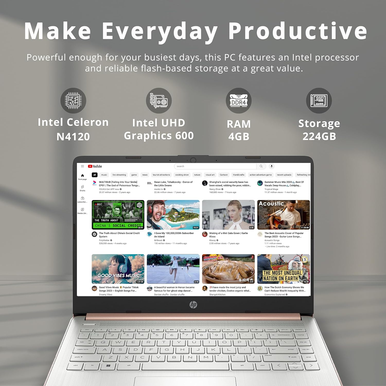 HP Stream 14" HD Business Laptop, Intel Celeron N4120, 4GB RAM, 224GB Storage (64GB eMMC + 160GB Docking Station Set), Intel UHD Graphics, 720p HD Camera, Wi-Fi, 1 Year Office 365, Win 11, Gold