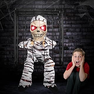 YOMIQIU Halloween Screaming Animated Decorations: Scary Hanging Skull Cage Prisoner with Motion Sensor, Spirit Talk Decor, Animatronics Skeleton Spooky Hanging Ghost Light Up Eyes Decoration