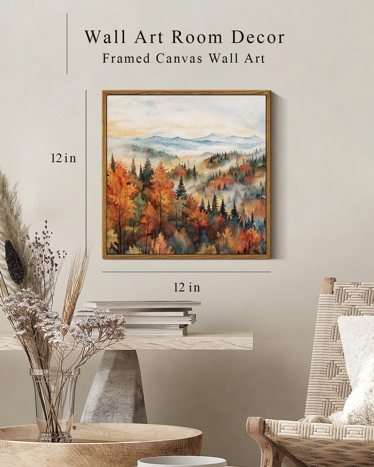 InSimSea Quadratische gerahmte Leinwand-Kunst, Herbstdrucke, klassische Landschaft, Kiefernwald im Morgennebel, Herbst-Wanddekoration für Wohnzimmer, Schlafzimmer, Badezimmer, Büro, 30,5 x 30,5 cm