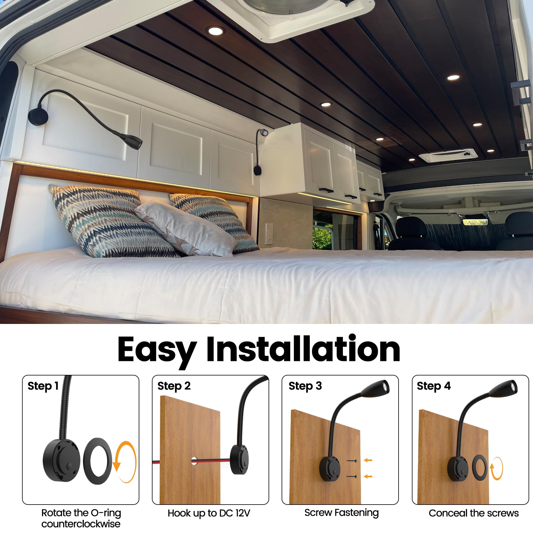 2W Lámparas de Lectura LED 12V/24V Autocaravana con Luz Blanca 4000K y Roja, USB-C 20W, Atenuar Luz de Lectura Liviana para Caravana, Campervan, Furgoneta, Barco, Yate, 2 pezzi (Negro)