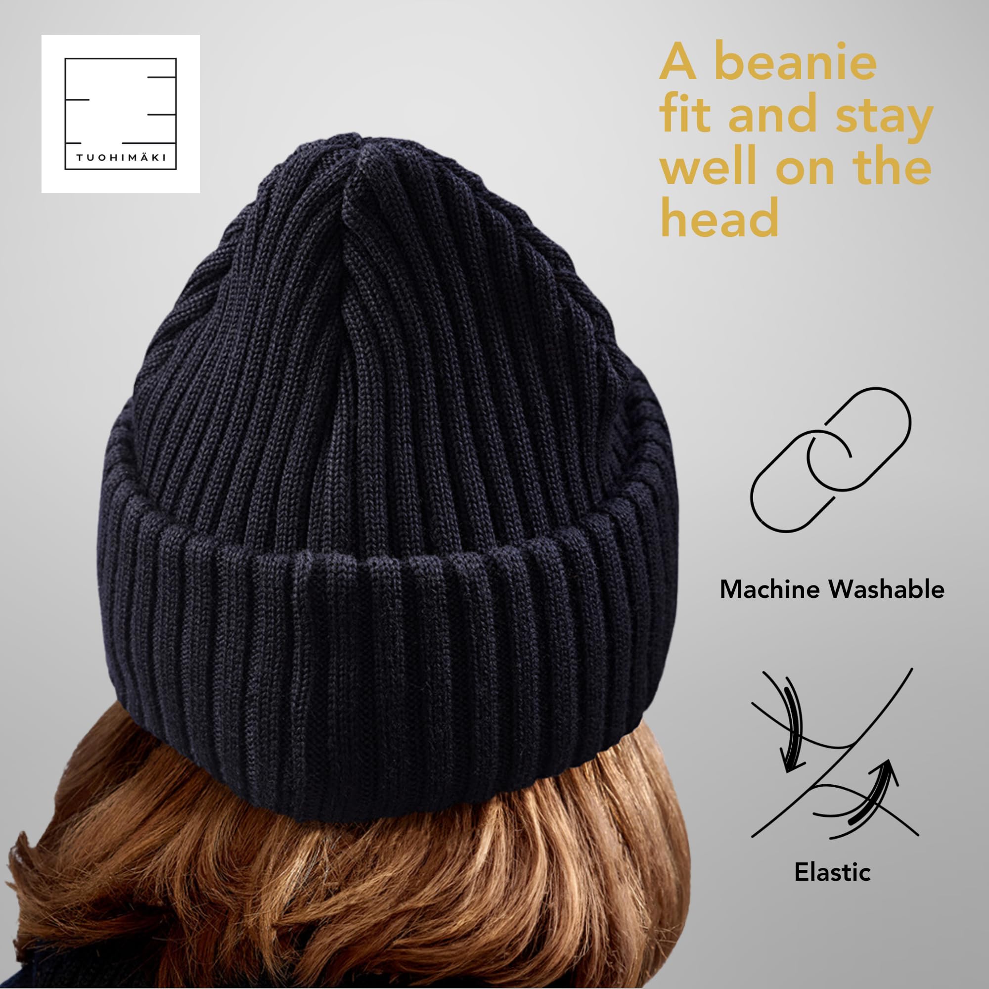 Gorro de Lana Merino para Mujer, 100% Lana Merino Extrafina, sin Mulesing – Fabricado en Finlandia – Azul Oscuro, Talla Única – Gorro de Invierno Suave y Transpirable