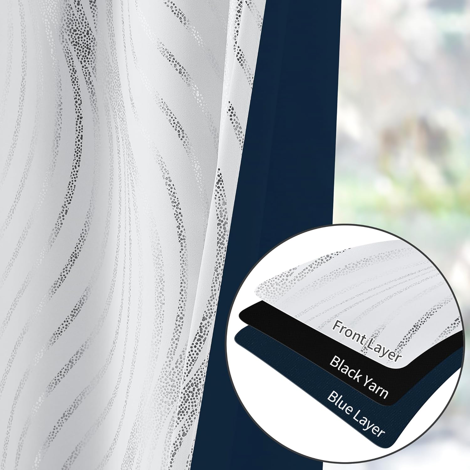 100% Blackout Curtains for Bedroom, White Silver Foil Pattern Curtains 72 Inch Length Living Room Darkening Thermal Insulated Metallic Silver Wave Print Drapes Grommet Window Curtains 2 Panels