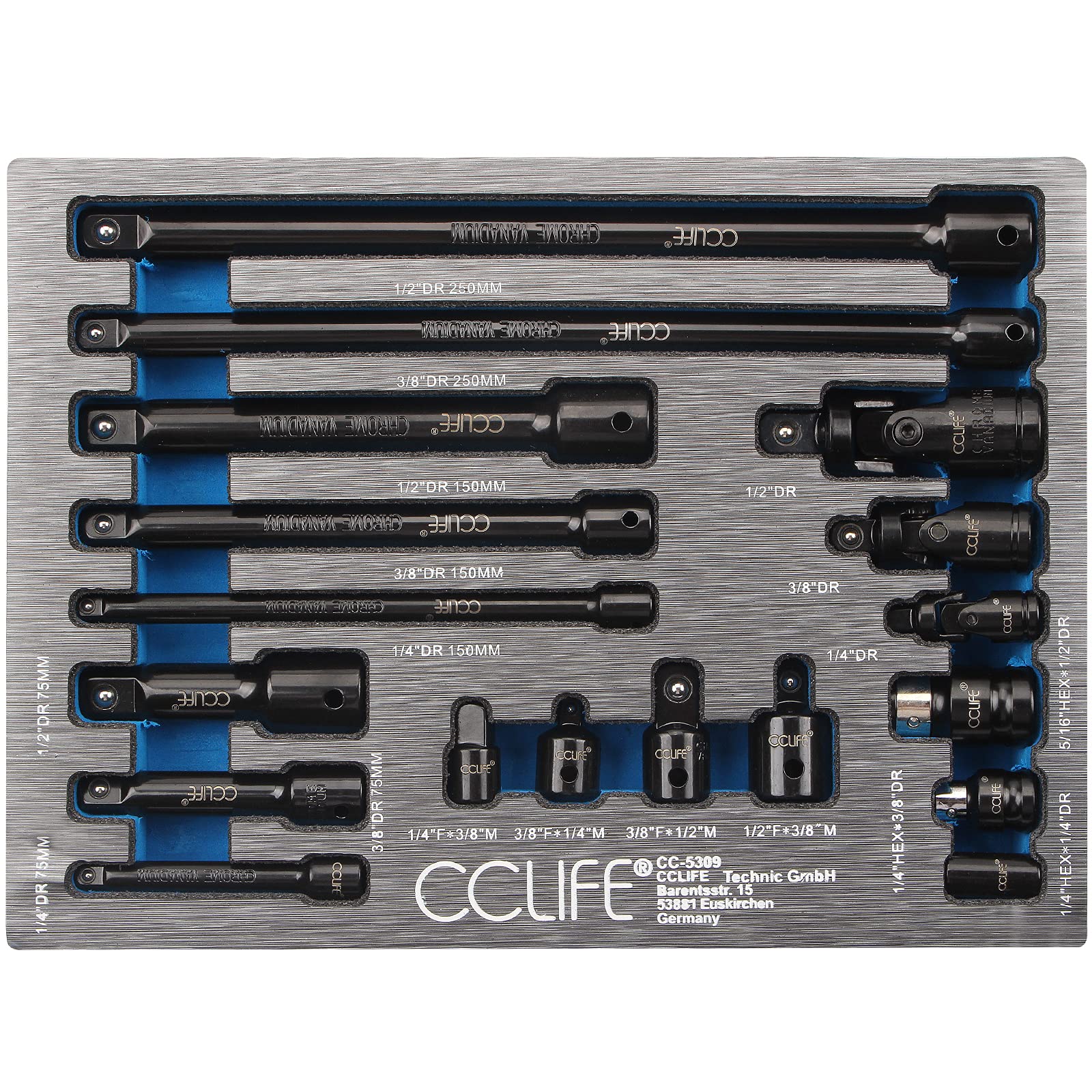 CCLIFE 18 piezas Juego de Alargador Llave Vaso Extensiones Carraca 1/2' 1/4' 3/8' con Junta Universal y Adaptadores,CR-V