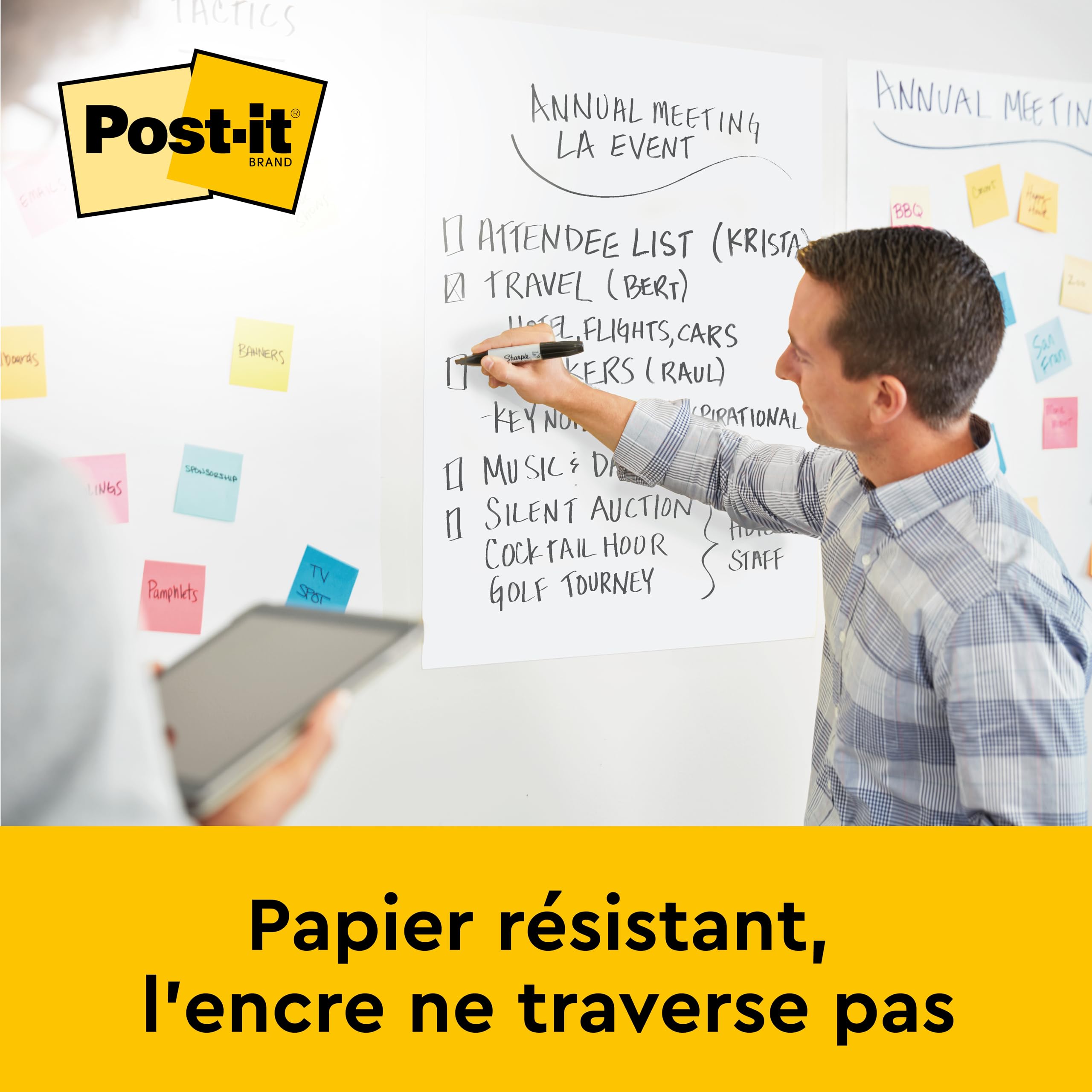 Post-it Meeting Chart, Blanc, 63.5 cm x 76.2 cm, Pack Promotionnel + Post-it Notes Super Sticky, Couleurs Néon Assorties, 2 Blocs + 4 Gratuits/Paquet