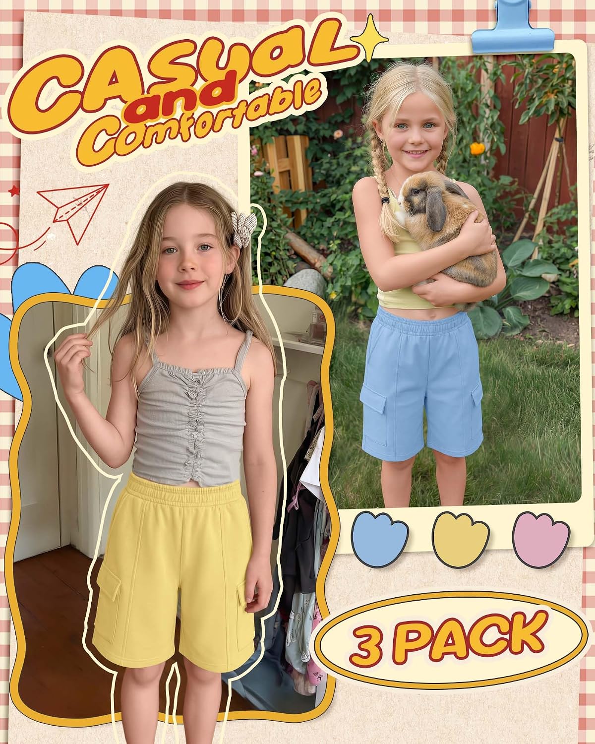 3 Pack Girls Cargo Shorts Kids Wide Leg Knee Length Baggy Casual Shorts Summer Teen Bermuda Pant with Pockets 5-14Y