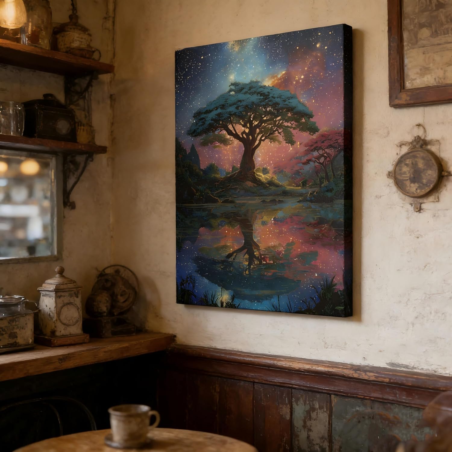 Canvas Wall Art Framed Landscape Celestial Galaxy Starry Night Lake Vibrant Colorful Fantasy Impressionist Modern Vintage Serene Wall Decor for Living Room Office Nature Spiritual Decor 16x24 Inches