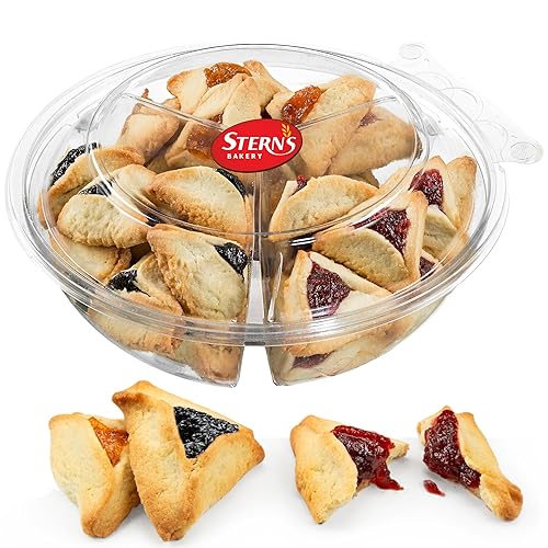 Stern's Bakery - Galletas Hamentaschen en canasta de regalo de Purim, de mantequilla con relleno de albaricoque, frambuesa y ciruela pasa, Mishloach