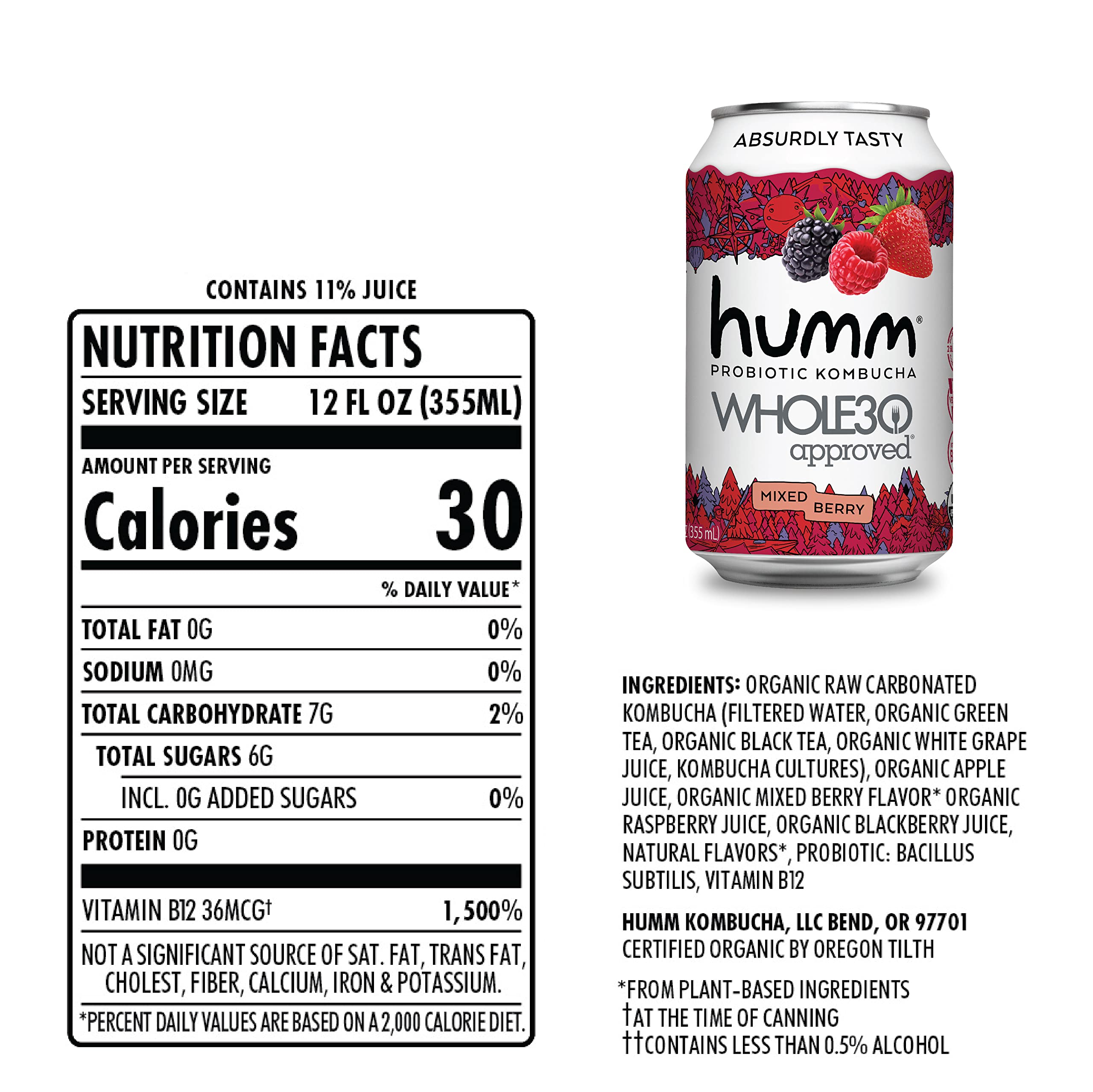 Humm Whole30 Approved Probiotic Kombucha Mixed Berry - The Only Whole30 Approved Kombucha. Absurdly Tasty. 2 Billion Probiotics - Organic, Vegan & ...