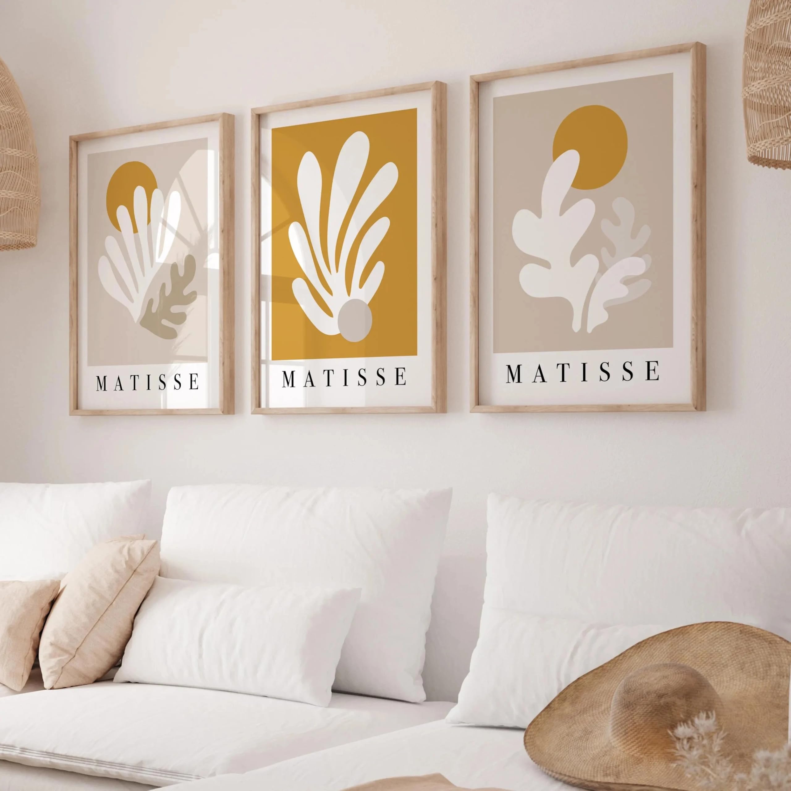 Láminas de arte mural de Matisse, pósteres modernos de mediados de siglo en beige y amarillo mostaza, láminas botánicas, arte para sala de estar (50x70cm/3 piezas sin marco)