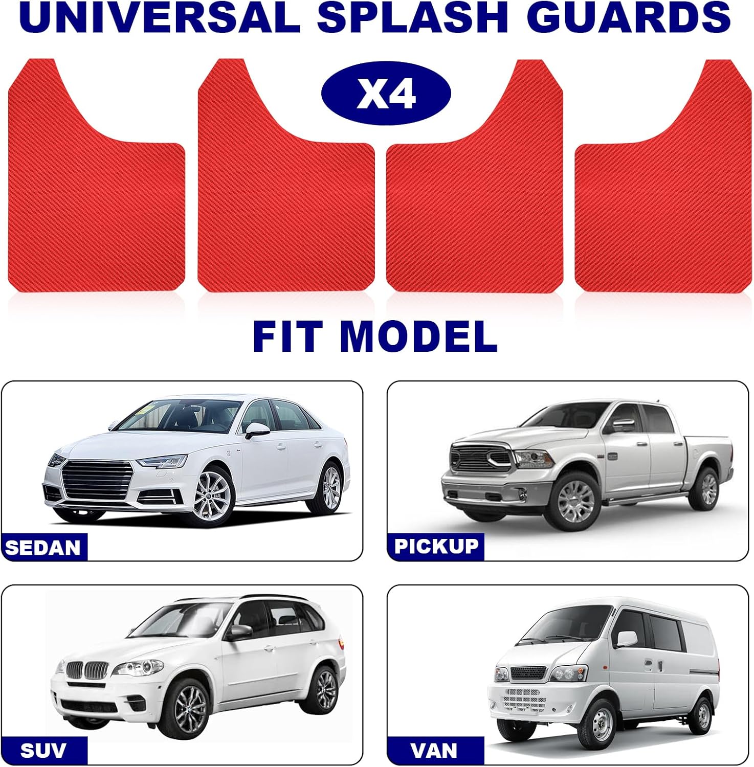 Universal Mud Flaps Carbon Fiber Effect Splash Guards Mudguard Mudflaps Fender Flares for Car Pickup Truck SUV Van Coupe Sedan - Large Size Flexible, Front Rear 4 Pack with Screws (Red)
