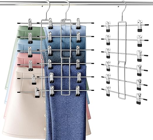 Pants Hangers-Closet Organizers and Storage-Hanging Closet Organizer-6 Tier-Skirt & Pants Hanger Space Saving-Durable Closets Organization Hanger-Skirt Hangers with Clips- 2 Pack -Apartment Essentials