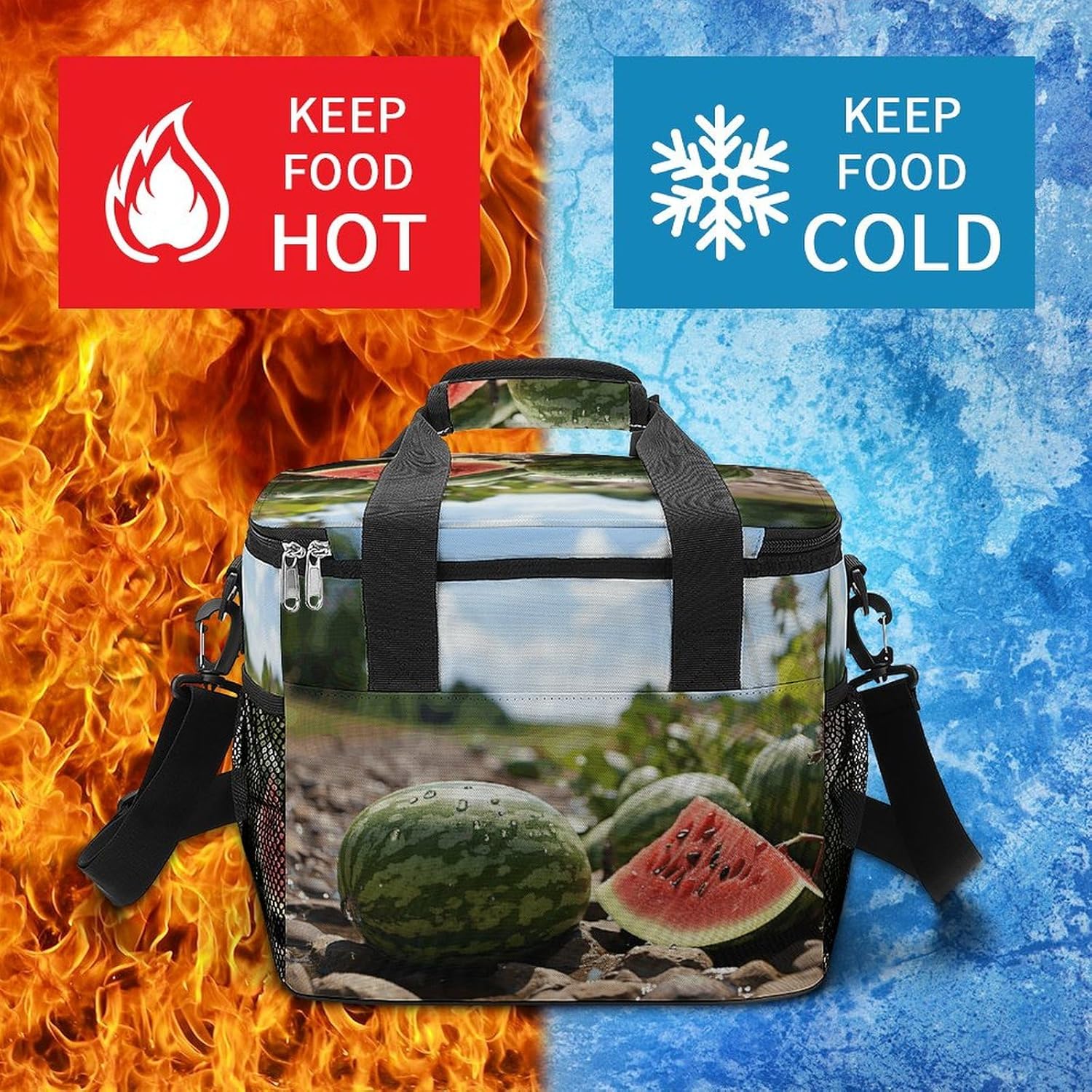 Camping Ice Pack, Watermelon on The Ground Print Cooler Bag, 22.5L Large Capacity Insulated Lunch Tote Bag for Outdoor, Picnic, BBQ, Travel, Work