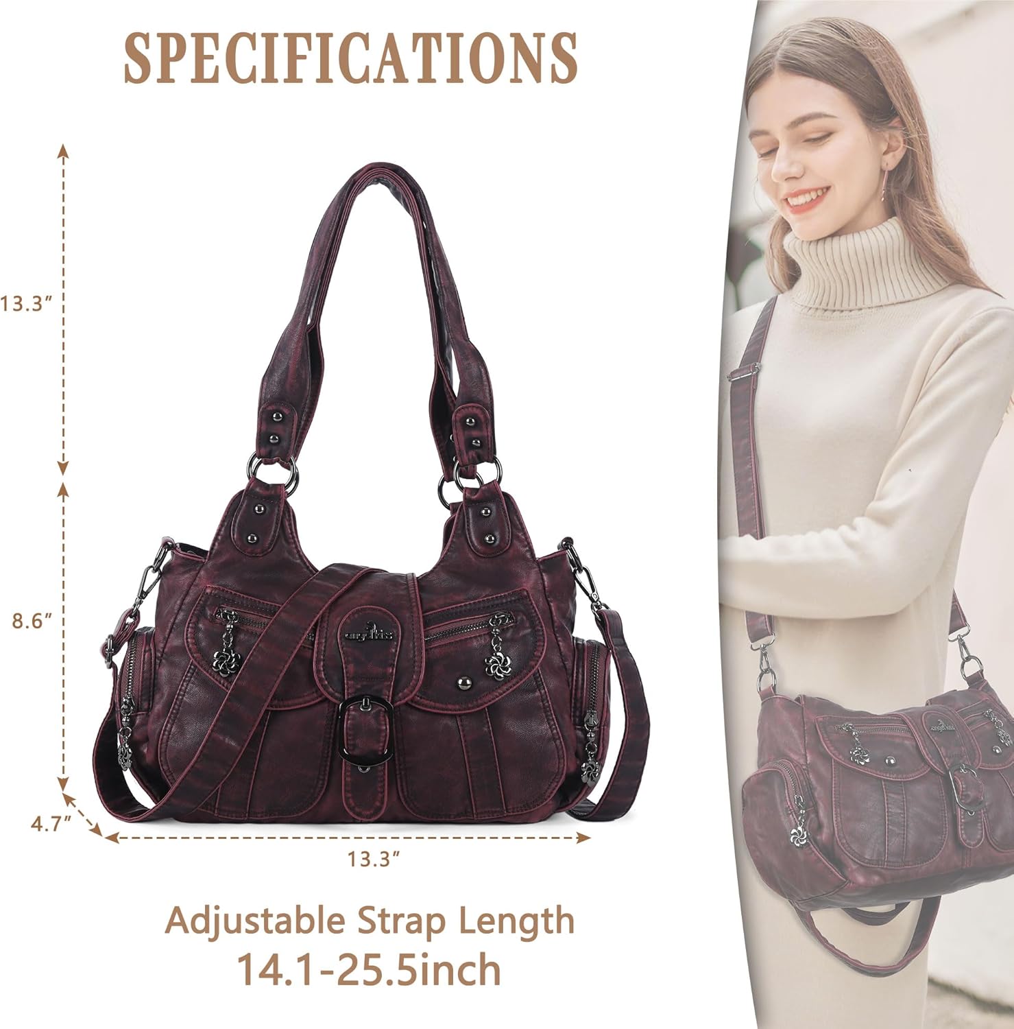 Angel Kiss Hobo Bags for Women Vegan Leather Shoulder Purses and Handbags Ladies Roomy Tote Bags Purse with Crossbody Strap - Image 3