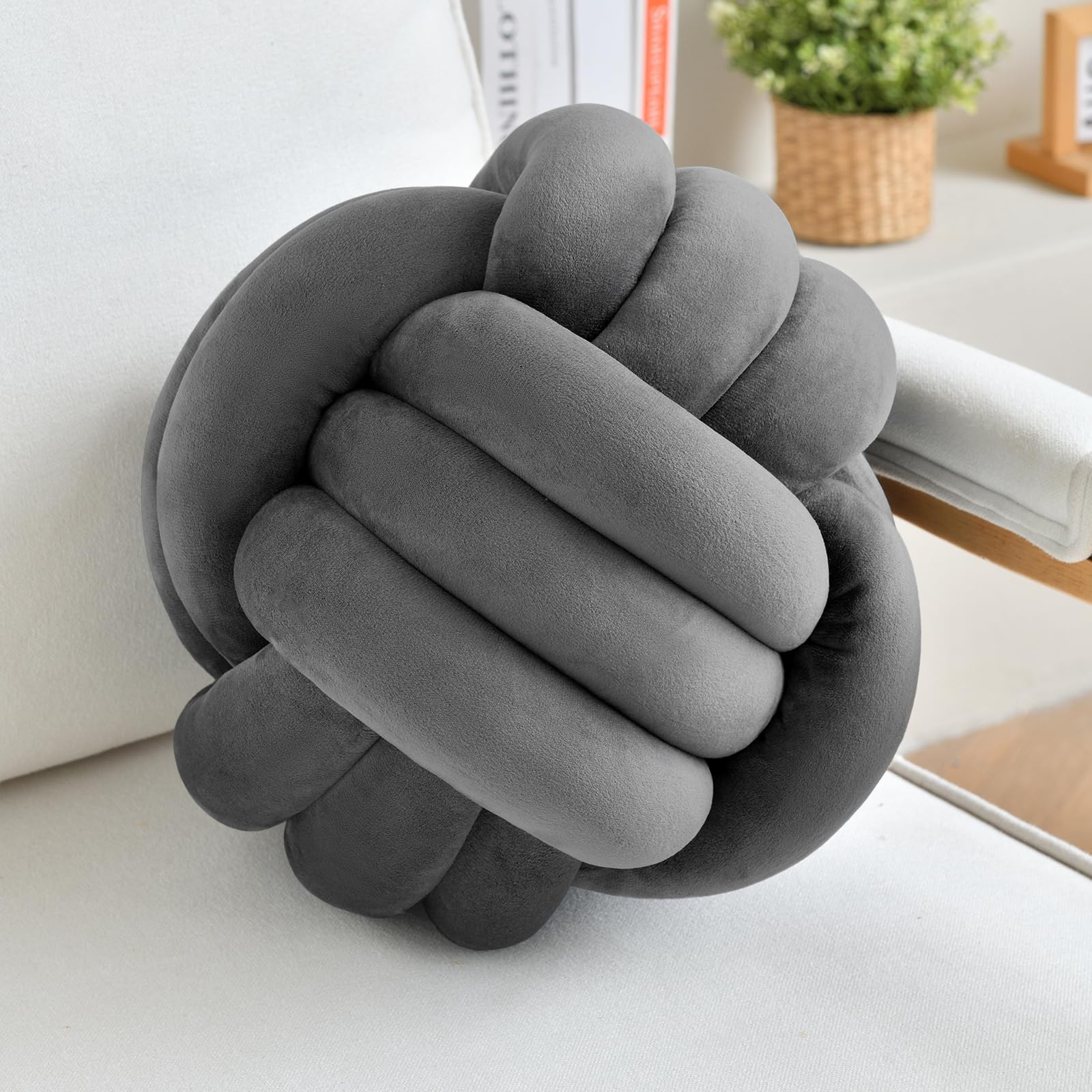 LUSJNGE Decorative Throw Knot Pillow Ball for Home Chair Sofa Couch Bed Aesthetic Round Velvet Knotted Pillow Cushion (Dark Grey, 8 inches)