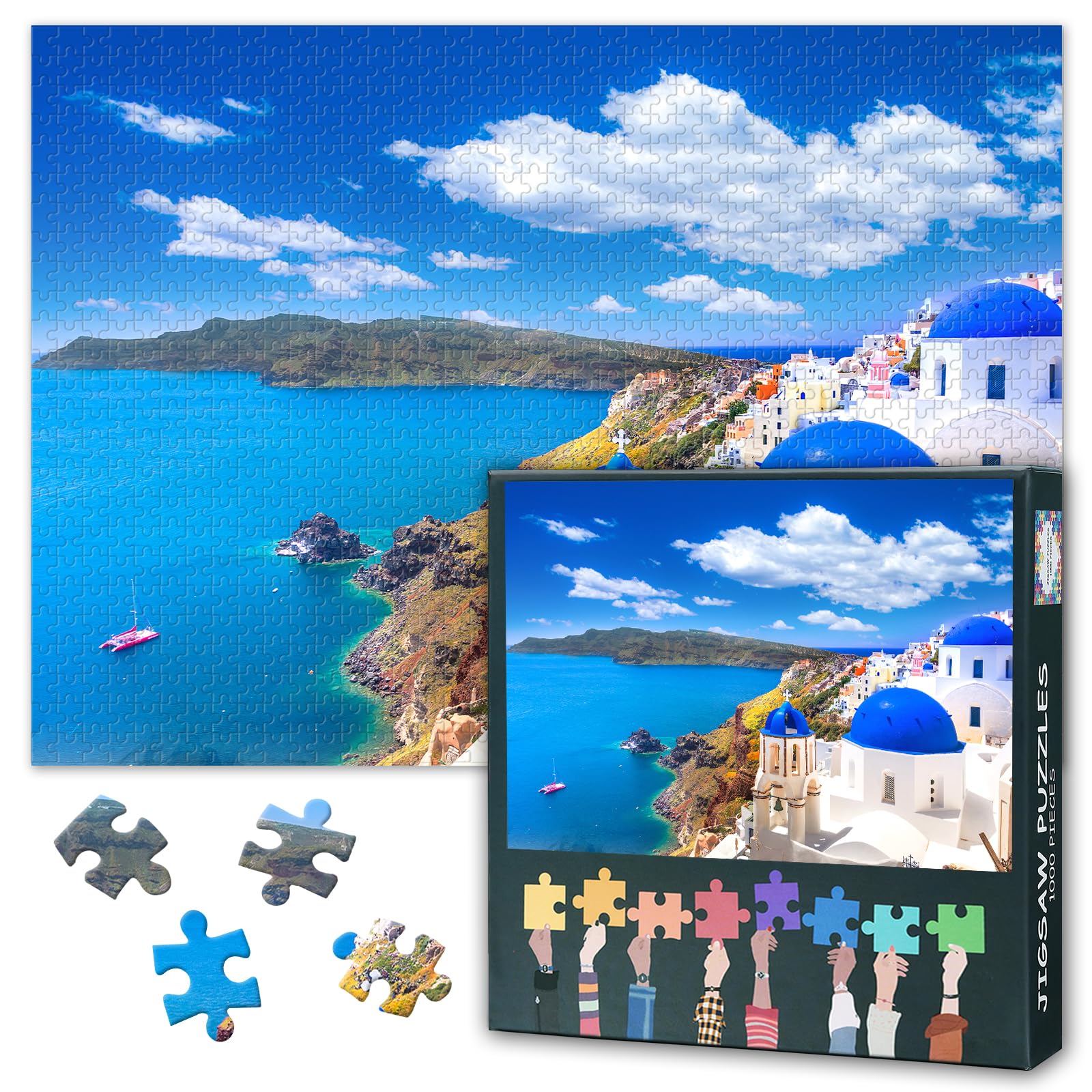Caldera, Aegean Sea Puzzles for Adults 1000 Pieces, Oia Town on Santorini Island Greece Jigsaw Puzzles, Adult Puzzle for Adults, Educational Fun Games or Toys for Elders Friends 20X27 INCH