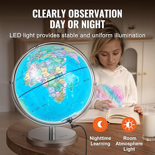 Miniatura 3 de VEVOR Globo terráqueo iluminado con soporte, 13 pulg/330.2 mm, globo terráqueo educativo con base estable de metal pesado, mapa impreso HD