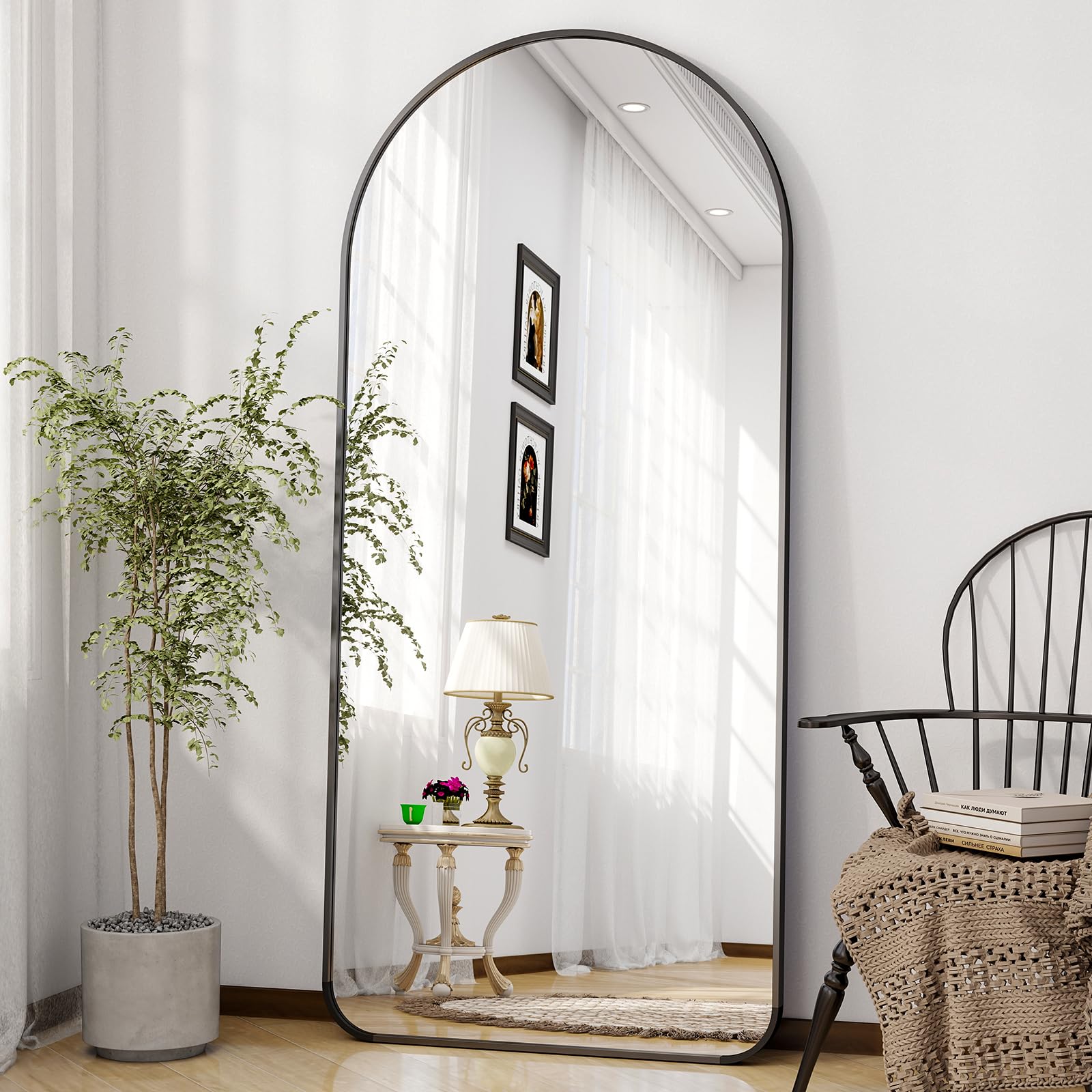 BEAUTYPEAK 171x76 cm Espejo de cuerpo completo curvo con esquinas redondas, espejo grande de pie, para colgar o inclinar, espejo de suelo, negro