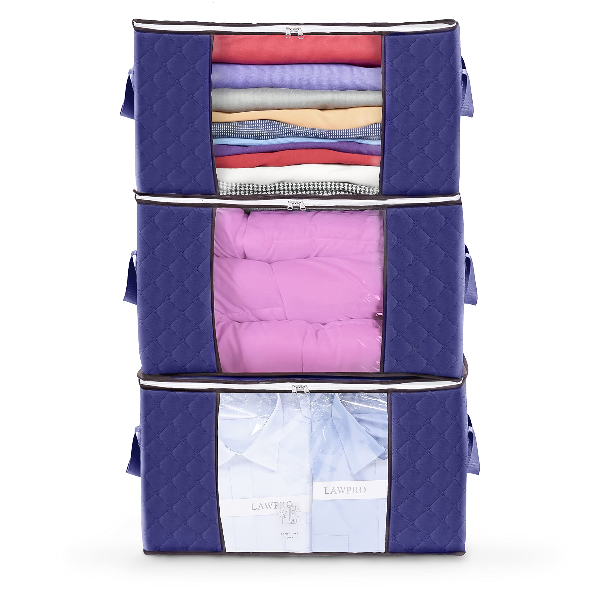 Delka 90L Storage Bags with Lids, Large Storage Boxes with lids, Storage Unit for Clothes, Duvets, Blankets, Toys, Pack of 3 Foldable Organizers with Reinforced Handles and Clear Window - Blue