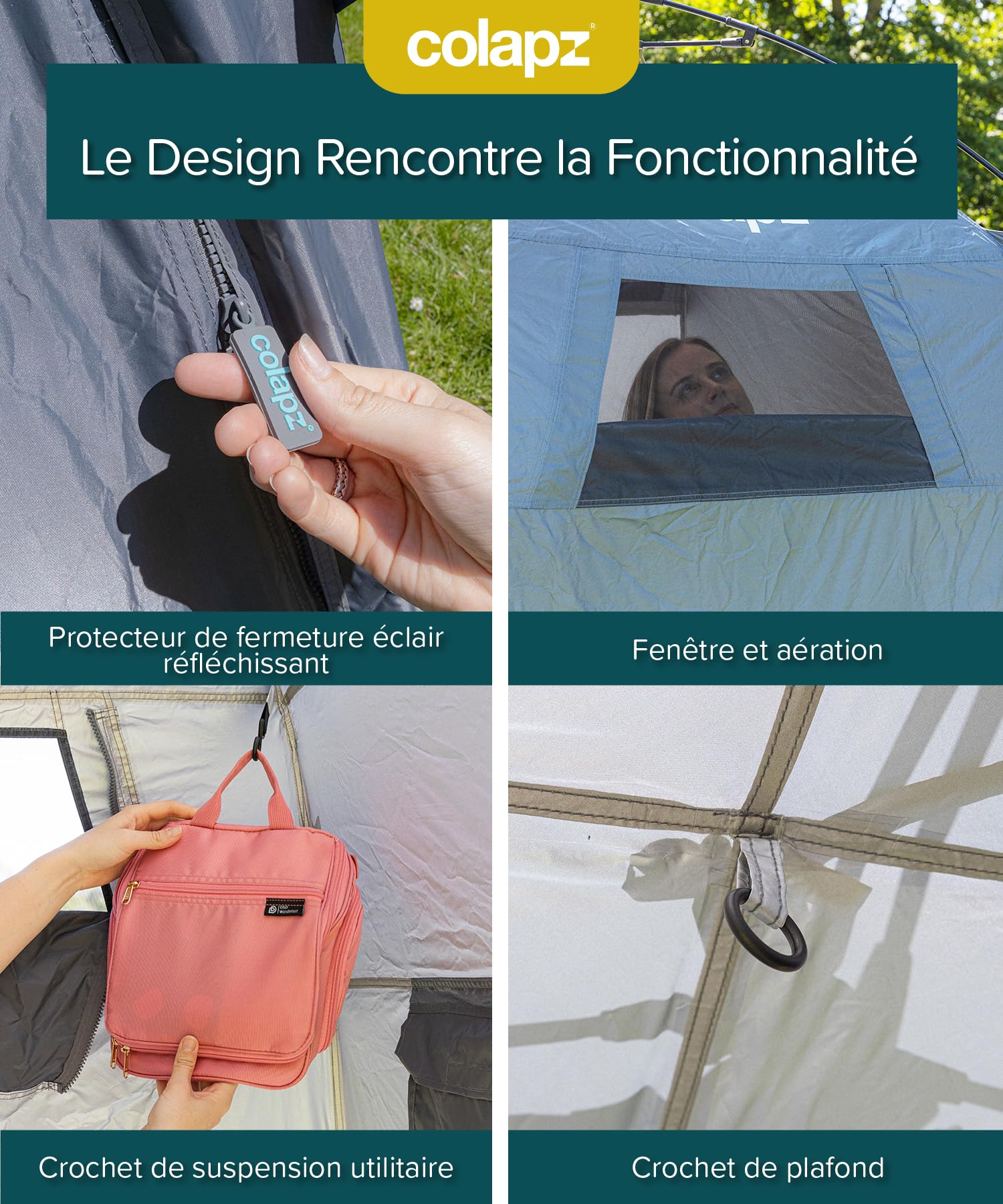 Colapz Tente Douche Camping Pliable et Spacieuse - Cabine Toilettes Portable Haute 210x155 cm - Toile Opaque Étanche avec Sac Transport et Sardines - Installation Rapide 1 Minute