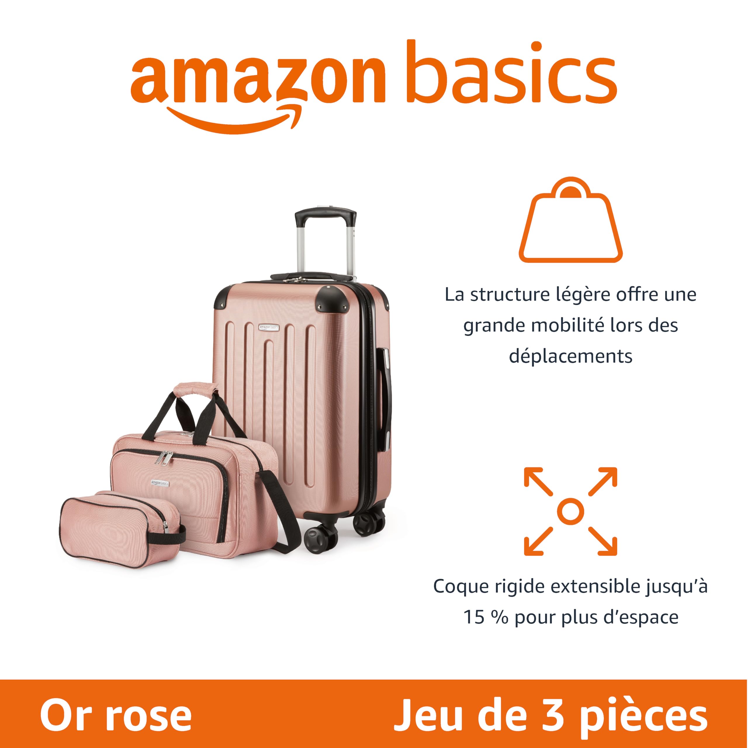 Amazon Basics Ensemble de Bagages Rigides, 3 Pièces, Bagage Cabine, Sac Fourre-Tout de Voyage Compact, Extensible, 4 roulettes Pivotantes, Or Rosé