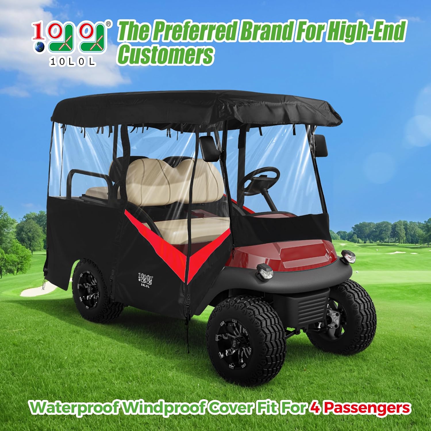10L0L Universal Golf Cart Enclosure 86.6in 4 Passenger Fit for Yamaha Club Car EZGO TXT RXV, Waterproof Windproof Snowproof Portable Transparent 4 Sided Driving Cover