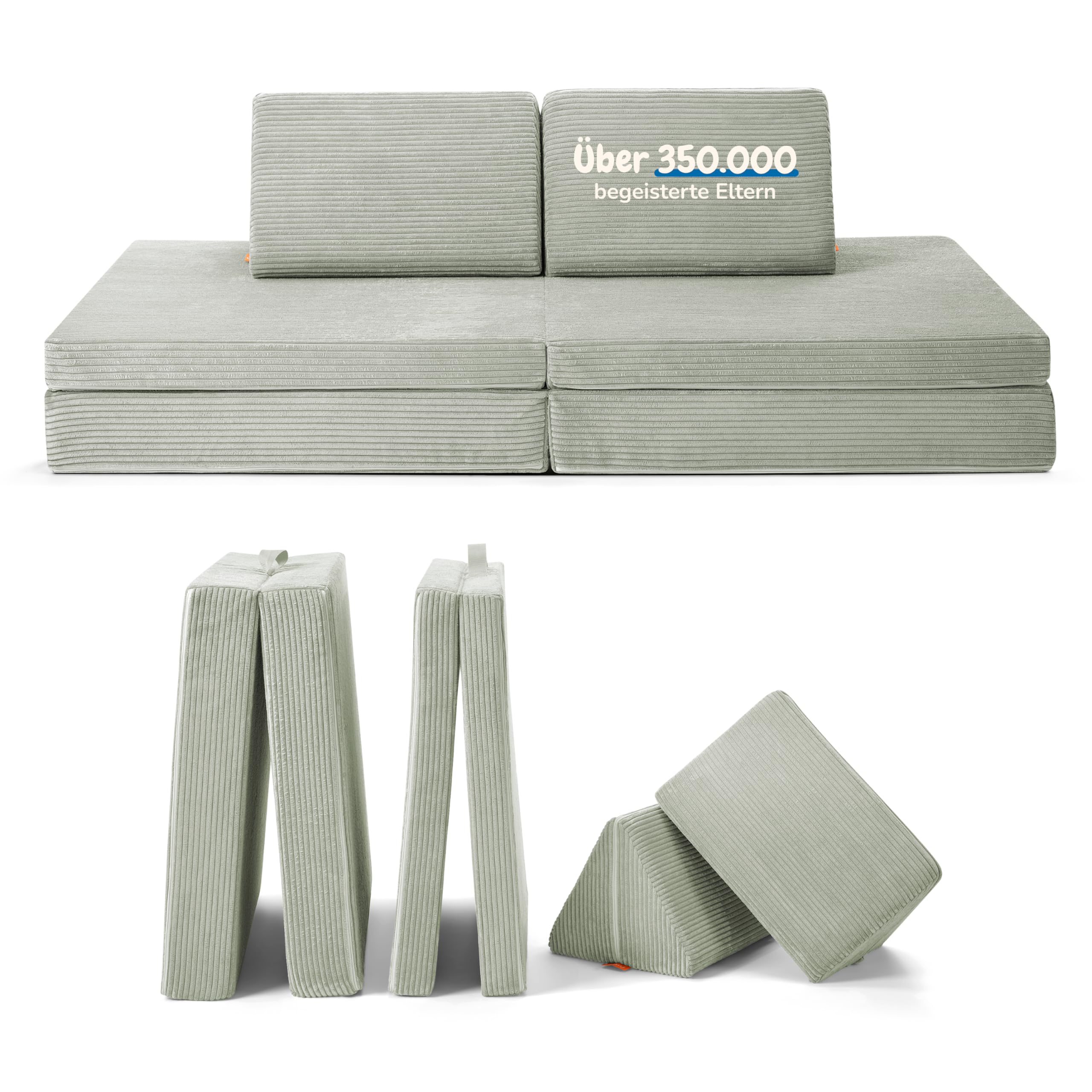 Funzy Spielsofa für Kinder - Das Original für kreatives Spielen, Modulare Spielcouch, Waschbarer Bezug, Robust und Langlebig, TÜV und Oeko-TEX 100 Zertifiziert mit 3 Jahren Garantie, Salbei Grün