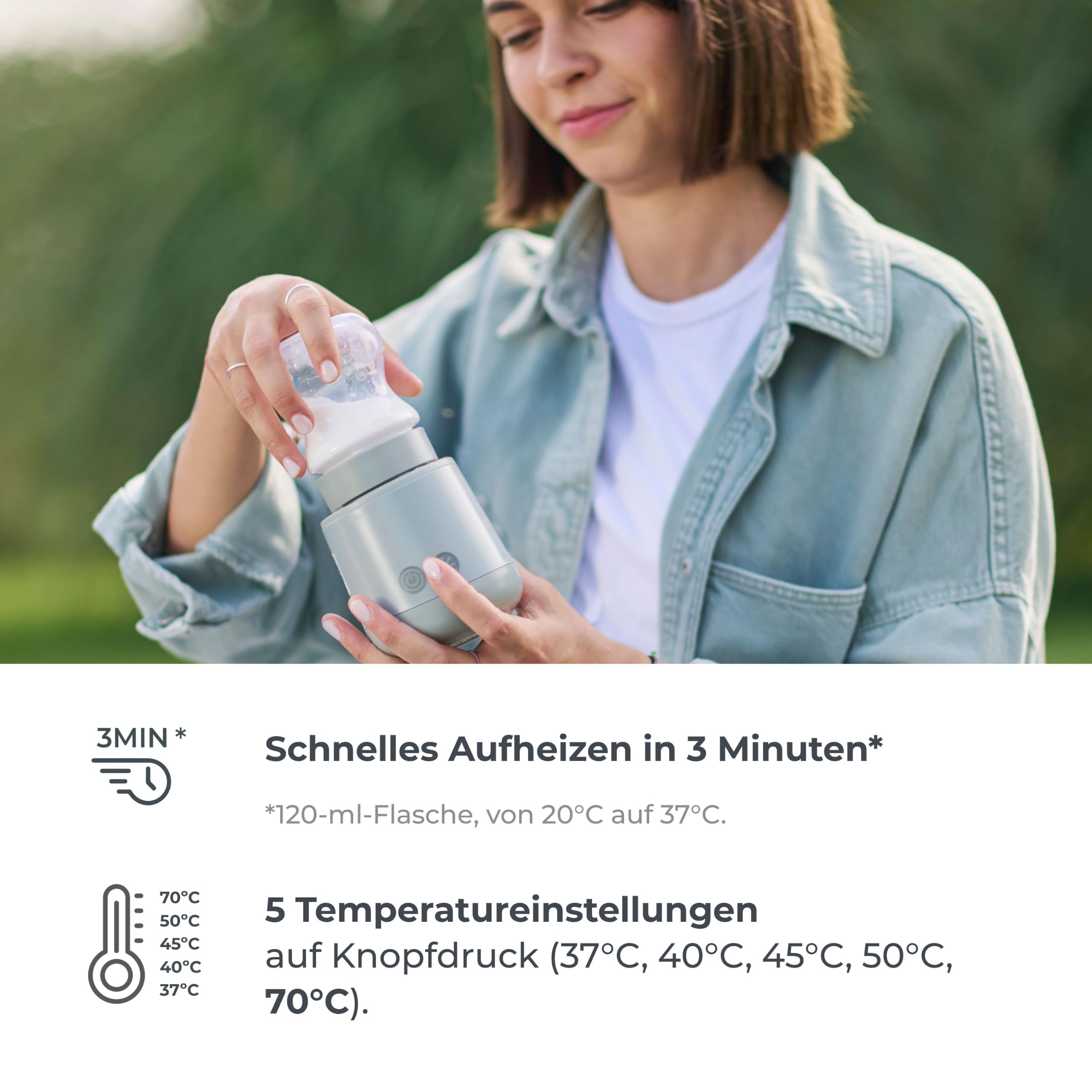 Nuvita 1164 Mix70 Tragbarer Flaschenwärmer mit Mischfunktion, 5 Temperaturen bis 70°C, Universal mit 6 Adaptern inklusive, Wiederaufladbarer Akku, LED-Display, BPA-frei