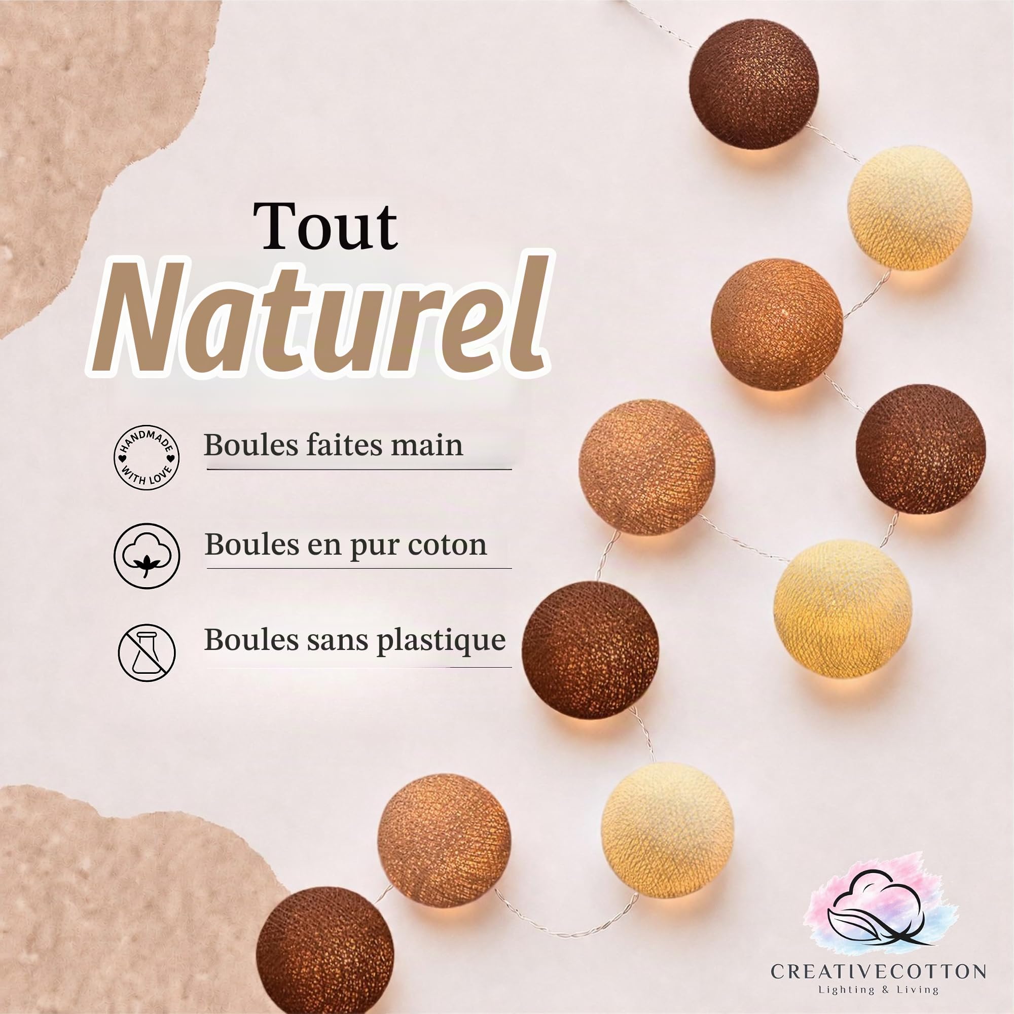 CREATIVECOTTON Guirlande Lumineuse, Boules de Coton avec Mode Timer et Mode Veilleuse (Cappuccino, 20 boules)