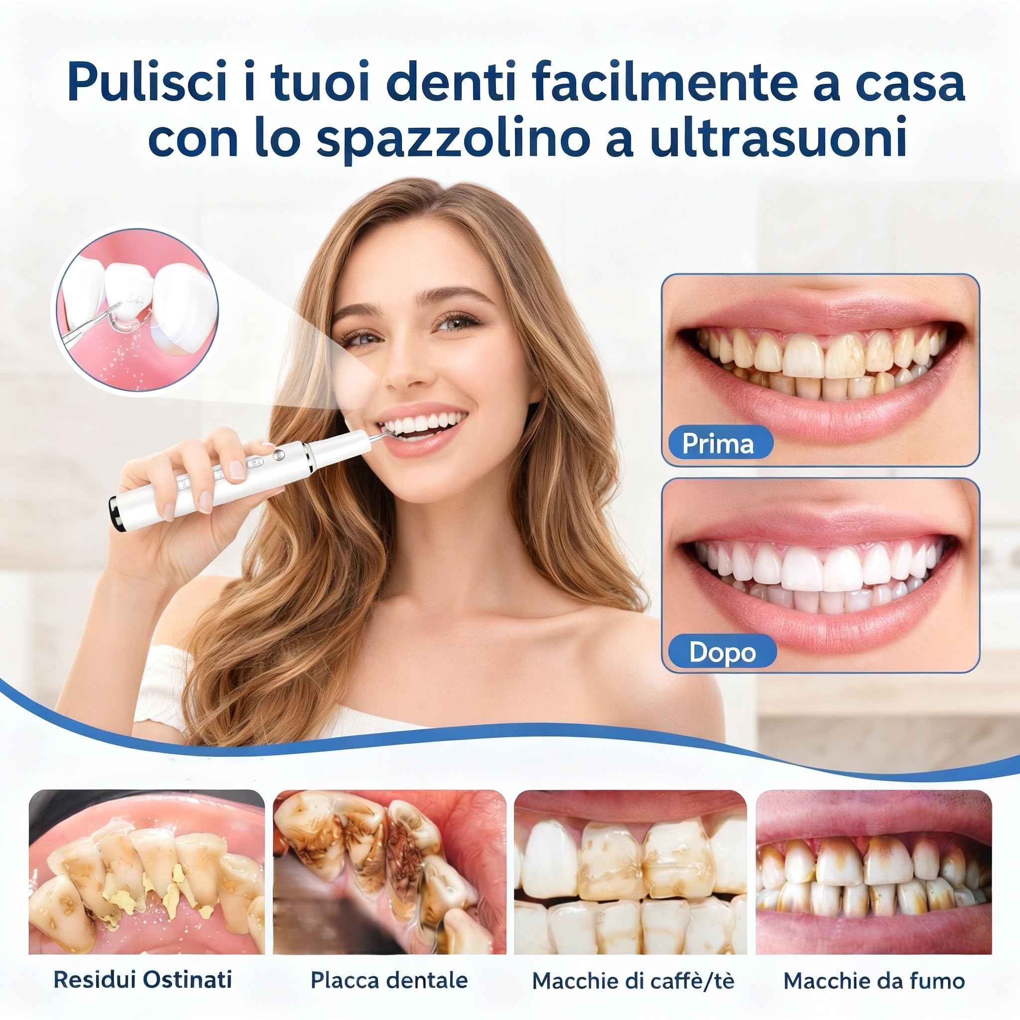 Kit Pulizia Denti Tartaro，Spazzolino Elettrico Ultrasuoni con 5 Modalità Per Rimozione Placca Macchie con 5 Testine Intercambiabili e Luci LED Set da 13 Pezzi per Pulizia Tartaro Uso Quotidiano a Casa