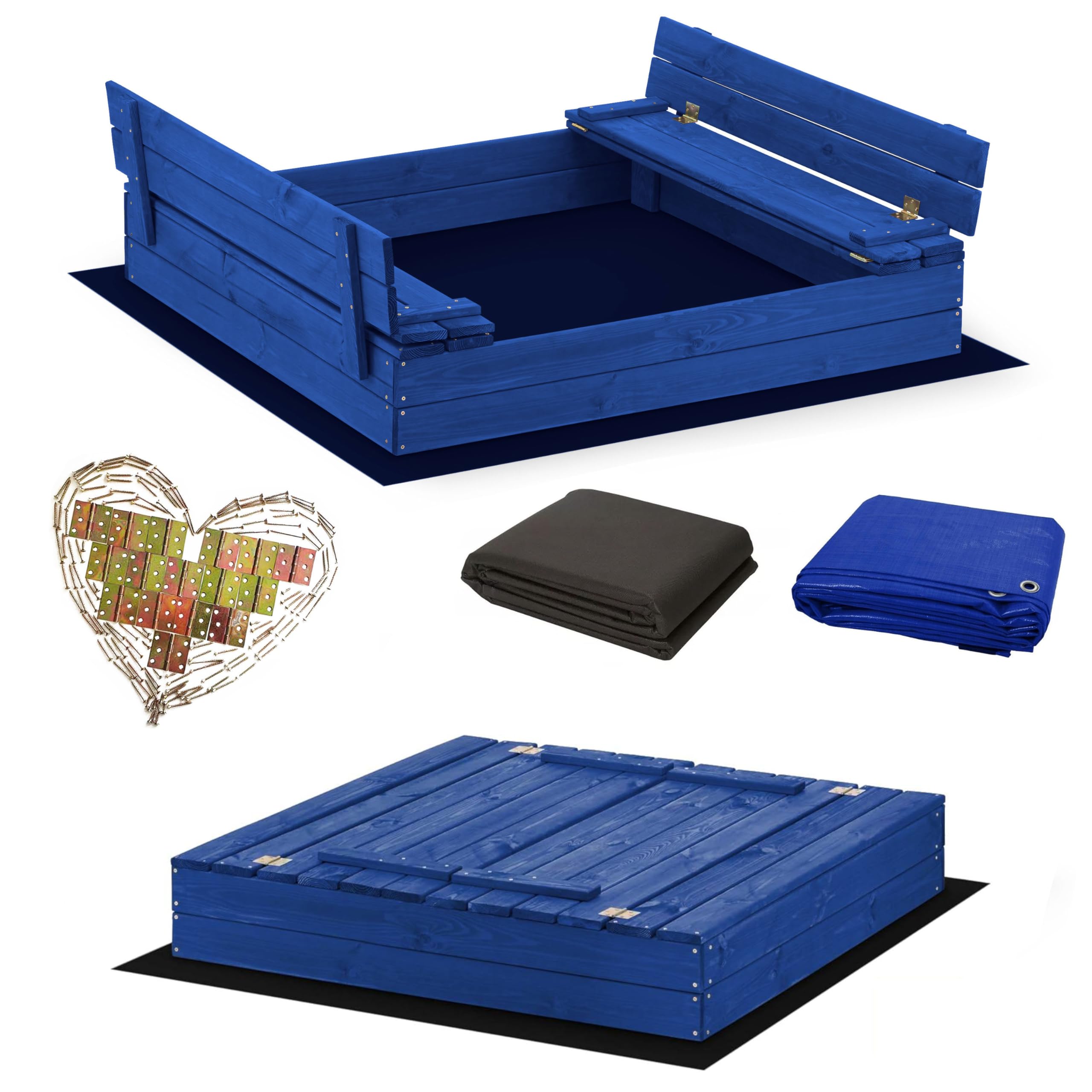 Sandkasten Imprägniert Blau 120x120 Premium Sandbox mit Abdeckung Sitzbänken Deckel Plane Sandkiste Holz Kiefer Sandkastenvlies